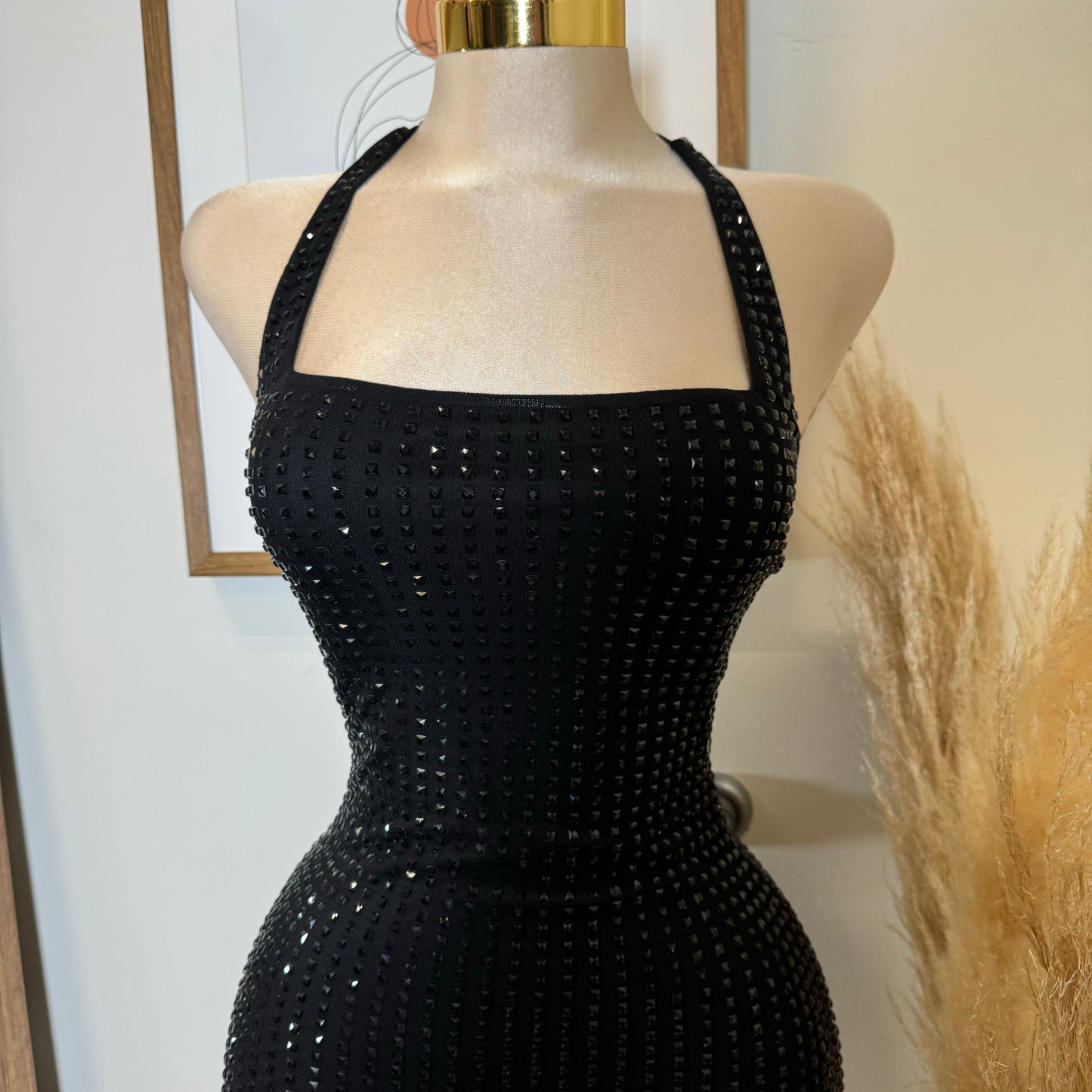 Vegas Rhinestone Halter Dress-Black
