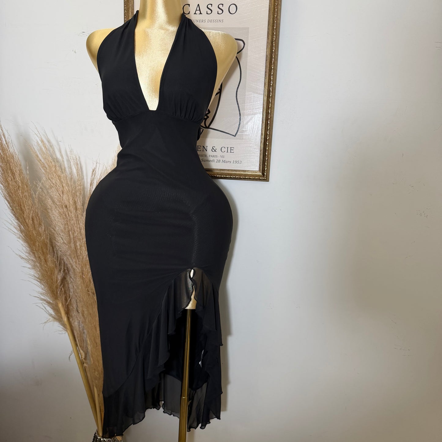 Halter Ruffle Slit Maxi Dress-Black