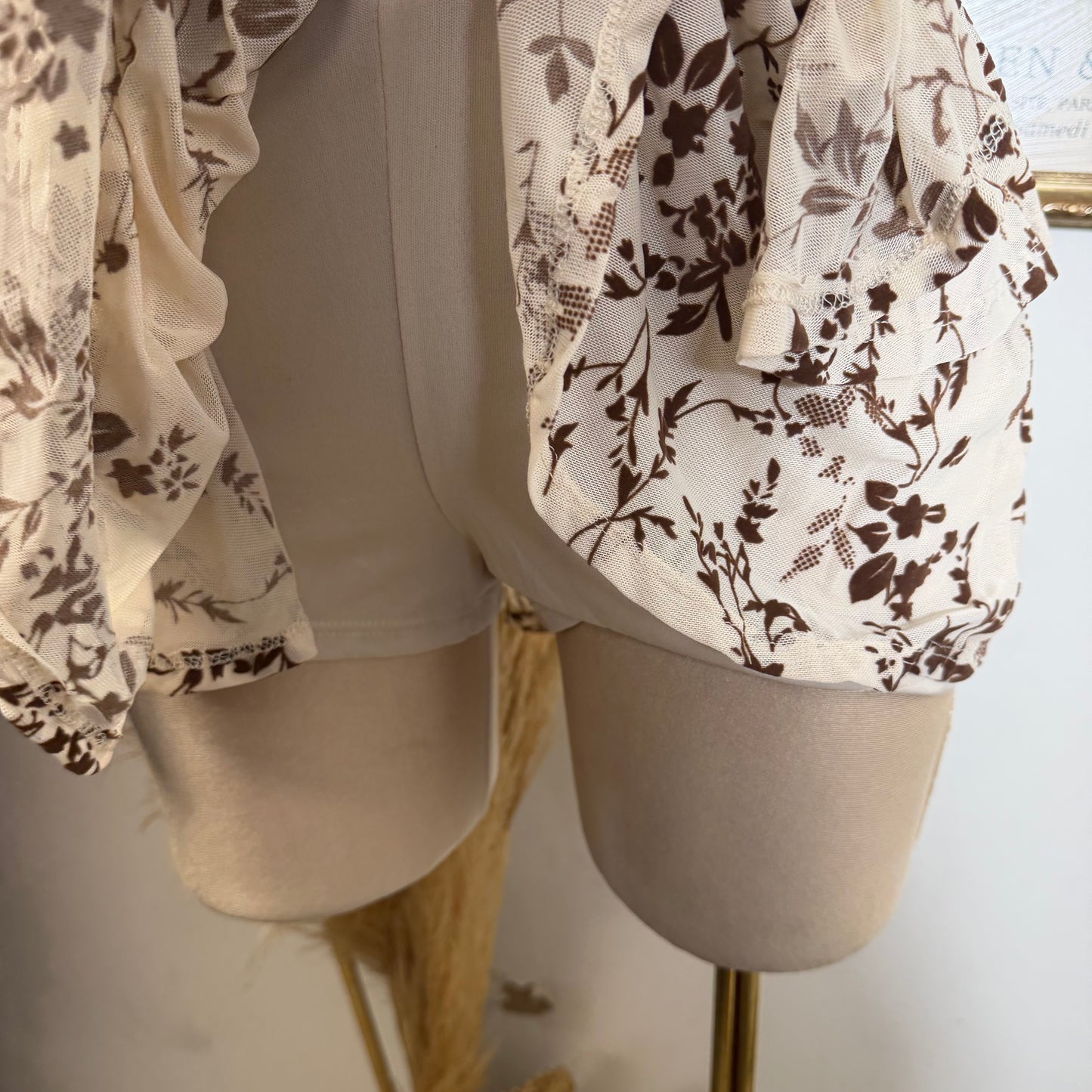 Floral Halter Double Layer Ruffle Mini Dress-Cream