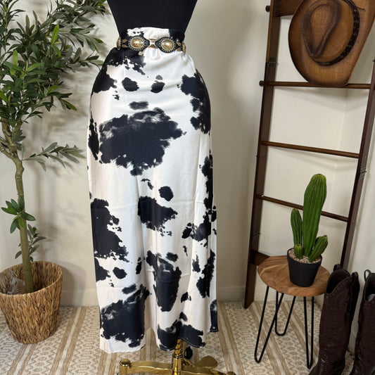 Cow Print Satin Maxi  Skirt-Black