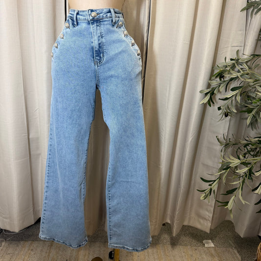 High Waisted Jeans Button On the Side-Light Blue