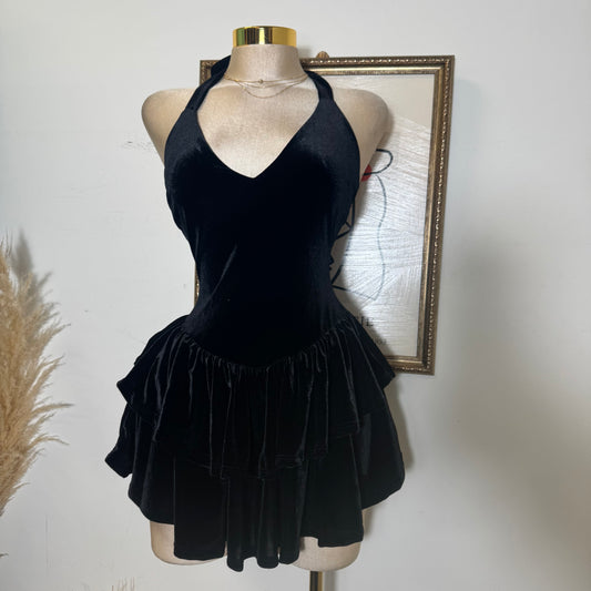 Velvet Halter Double Layer Fit and Flare Dress-Black