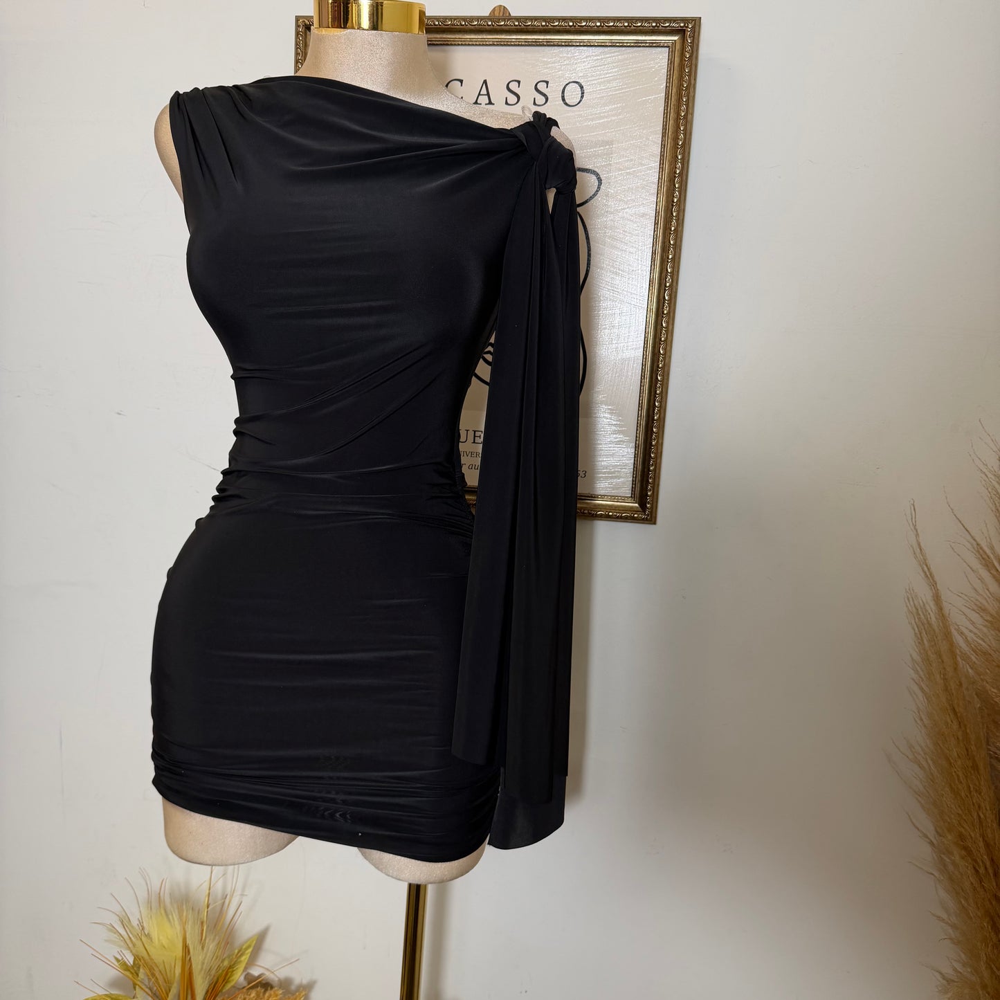 Off Shoulder Ruched Side Tie Mini Dress-Black