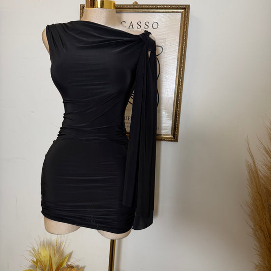 Off Shoulder Ruched Side Tie Mini Dress-Black