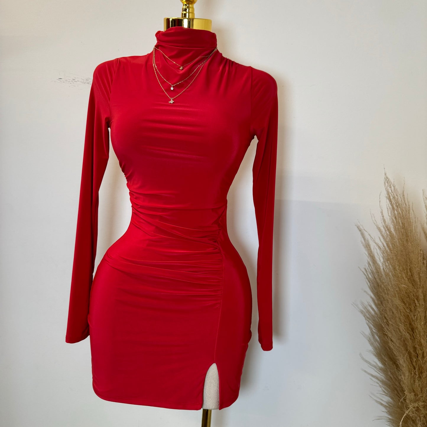 Long Sleeve High Neckline Ruched Mini Dress-Red