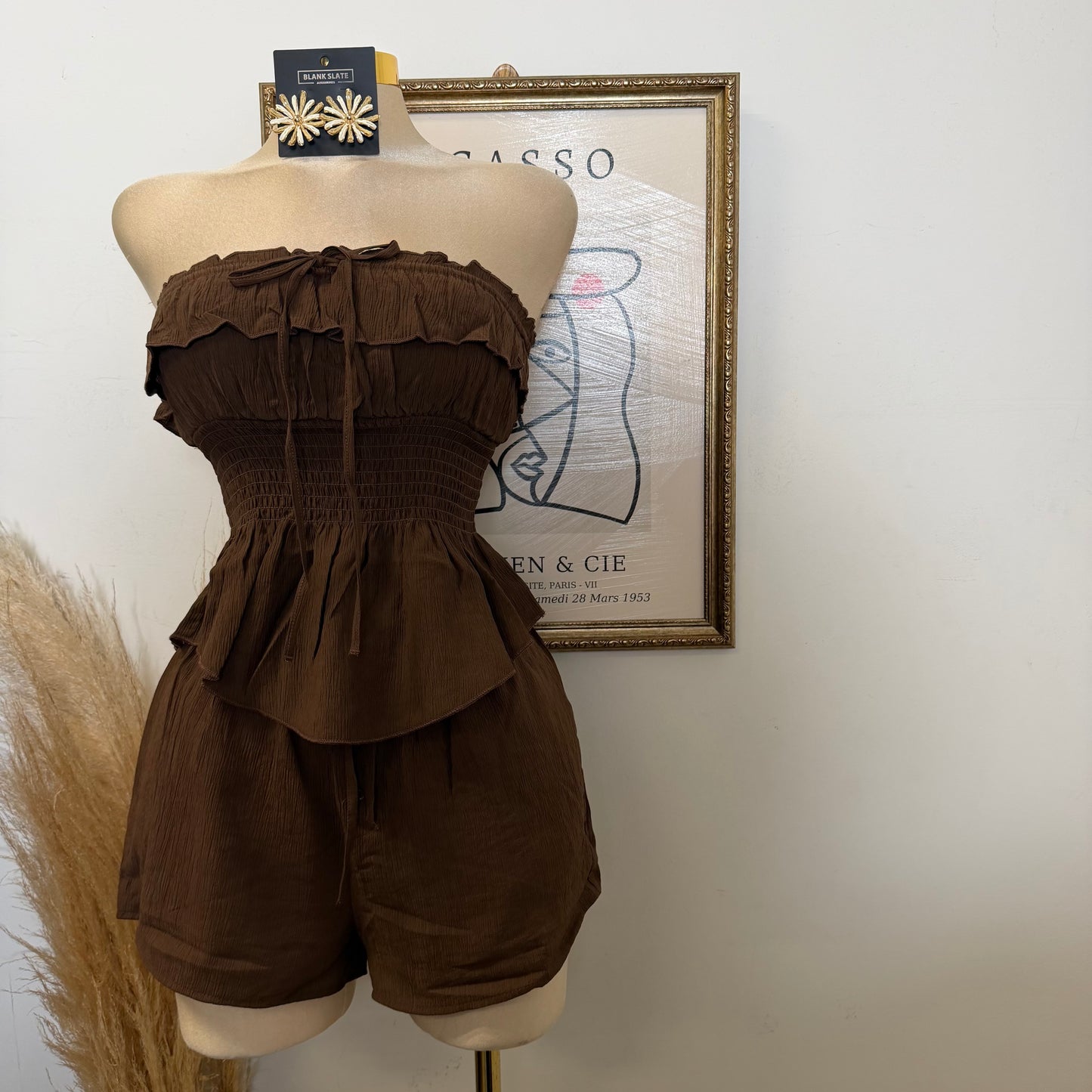Smocked Tube Top Shorts Two piece set-Choco