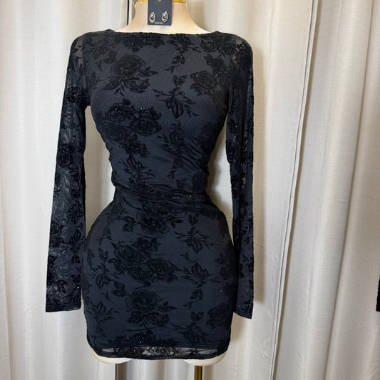 Flocking Mesh Long Sleeve Dress-black