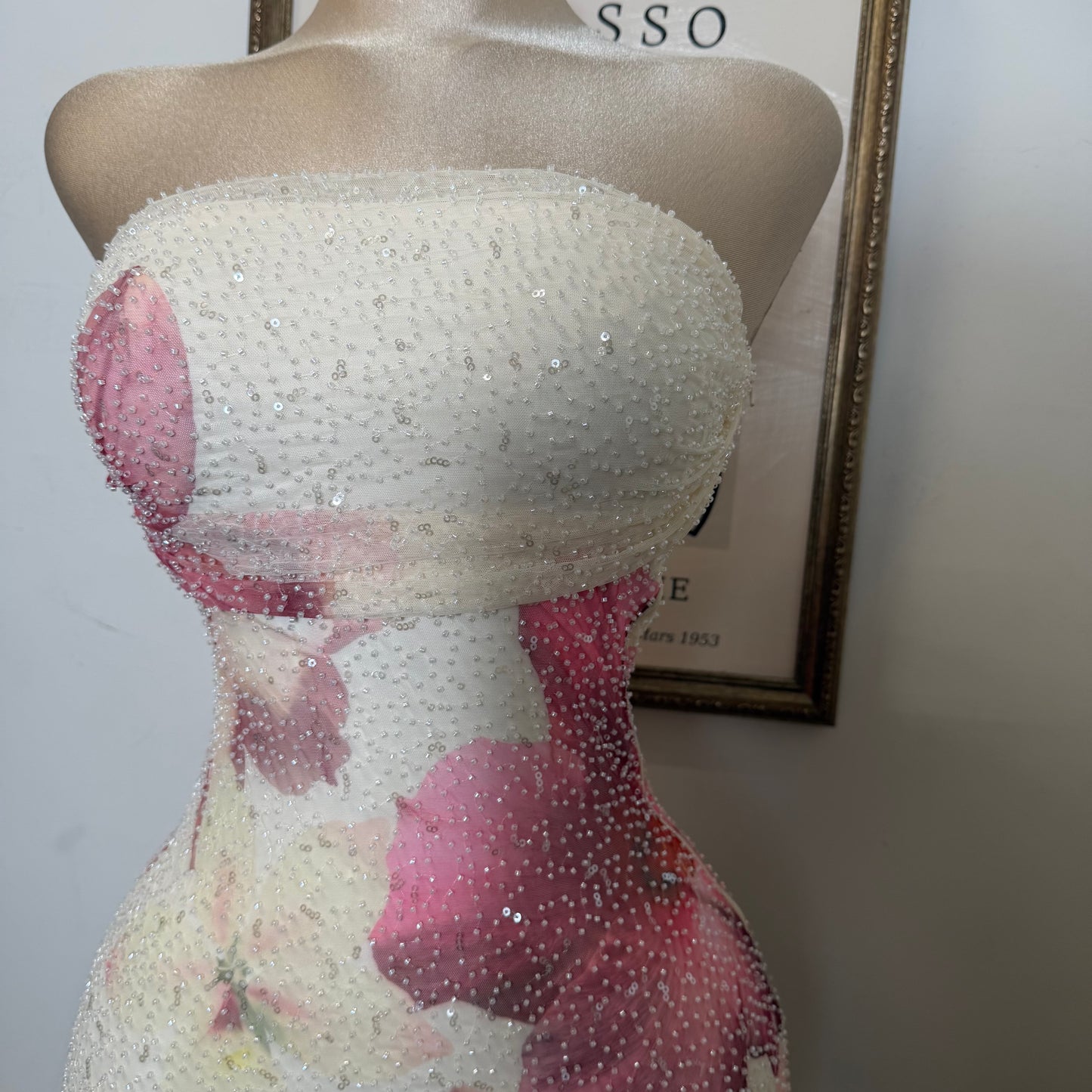 Tropicana Big flower Print Mesh W/ Beads Tube Mini Dress-Cream/Pink