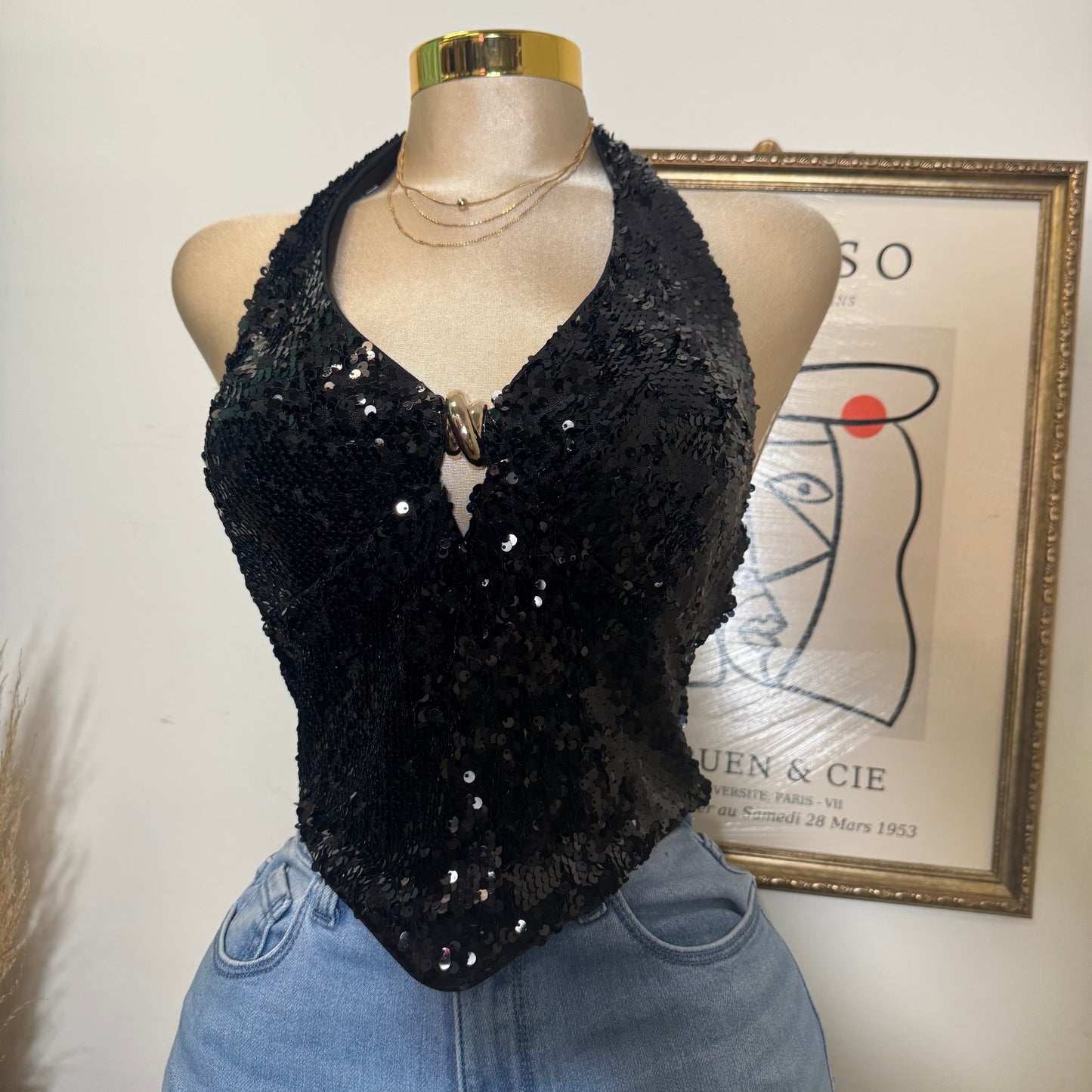 Sequin With Hardware Halter Top-black