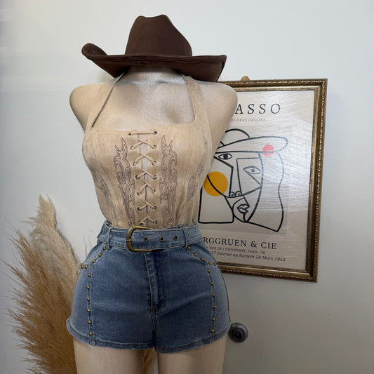 Tie Front suede Top with stitch Detail-Caramel