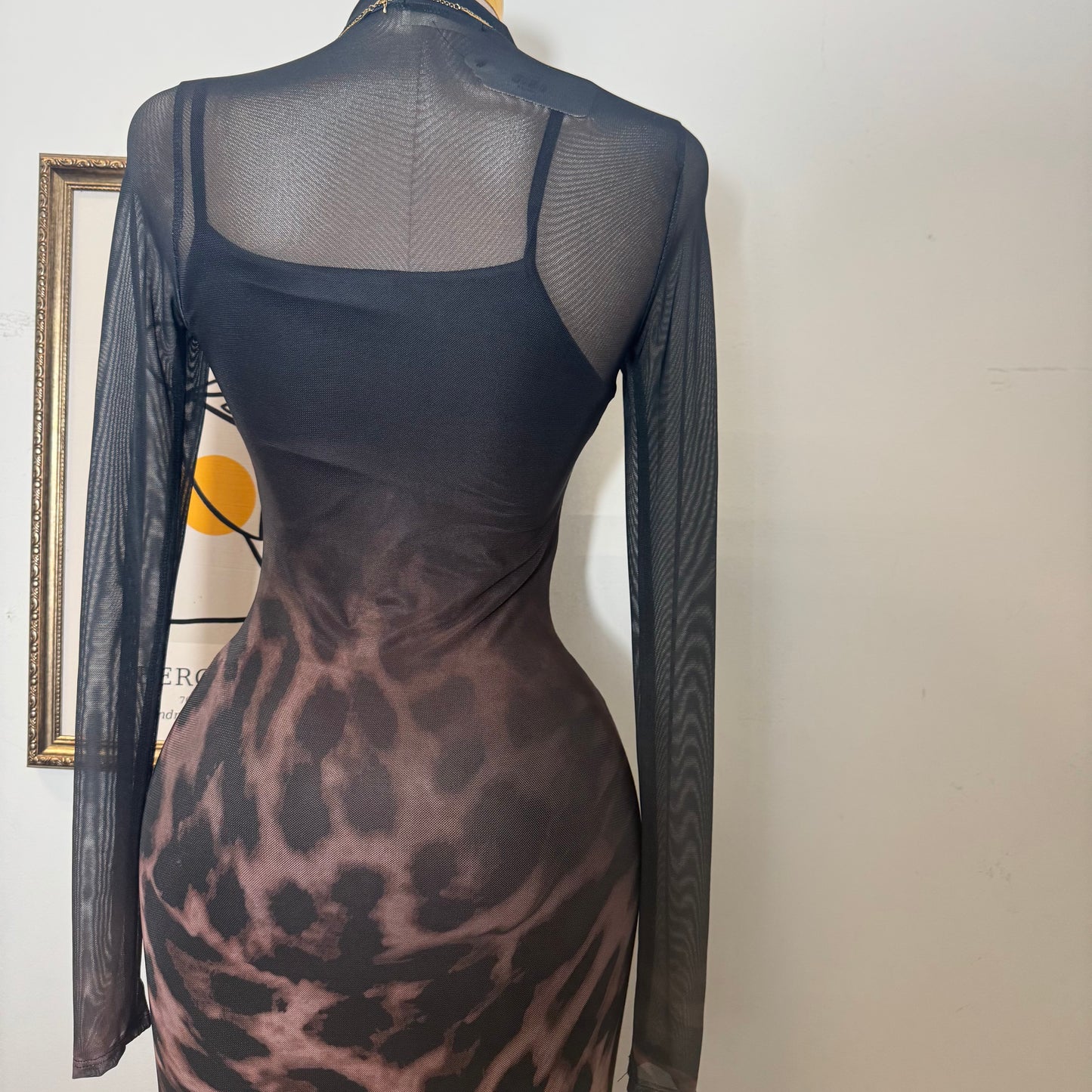 Animal Ombré Midi Mesh Dress-Black/Brown