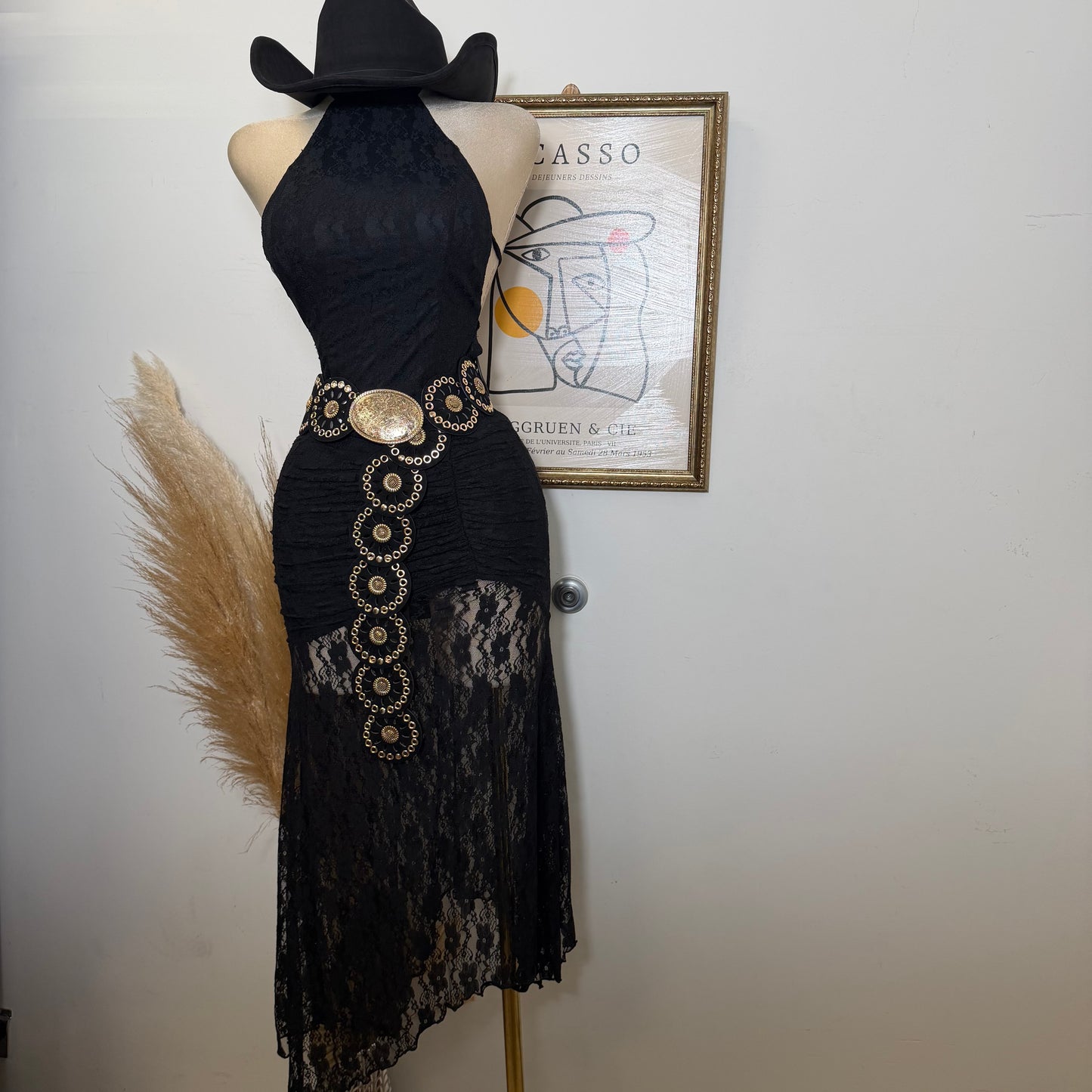 Lace Ruched Halter Maxi Dress-Black