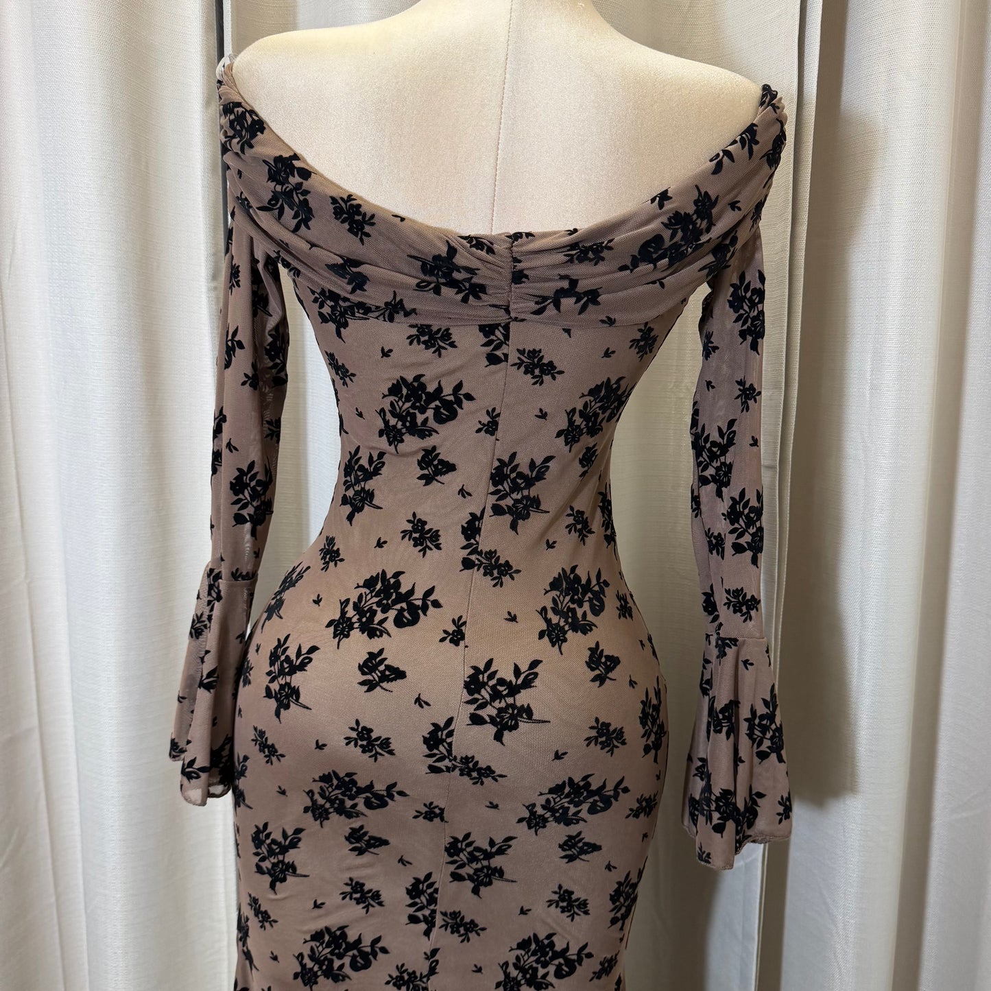 Flocked Long Sleeve Mesh off shoulder maxi Dress-Brown/Black
