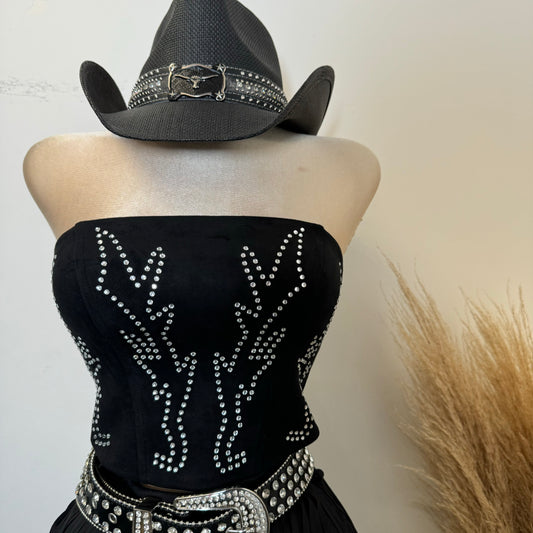 Western Style Rhinestone Tube Top-Black