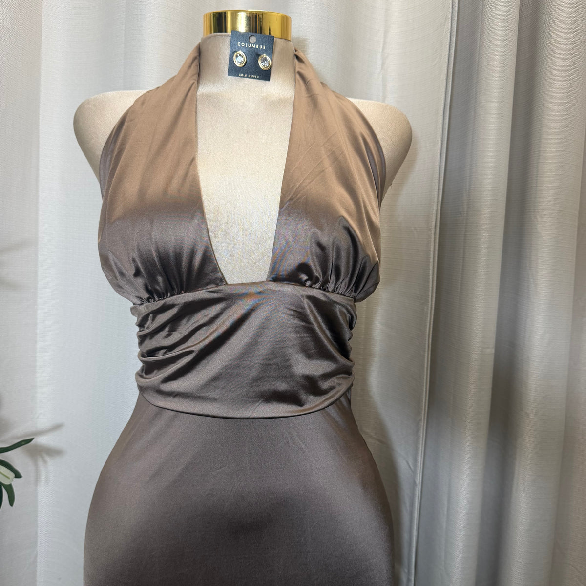 STRETCH SATIN KNIT OPEN BACK MIDI DRESS-Cocoa/Beige