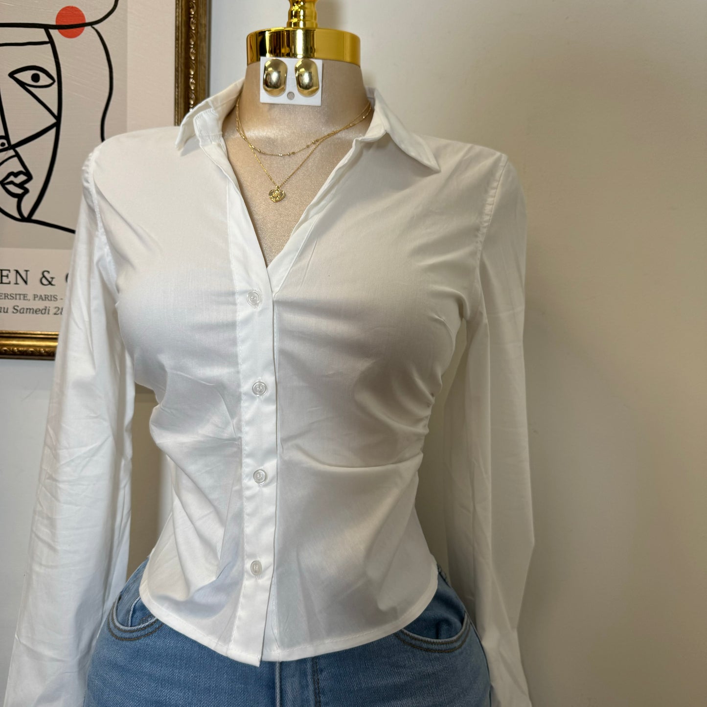 Button Up Long Sleeve Top-White