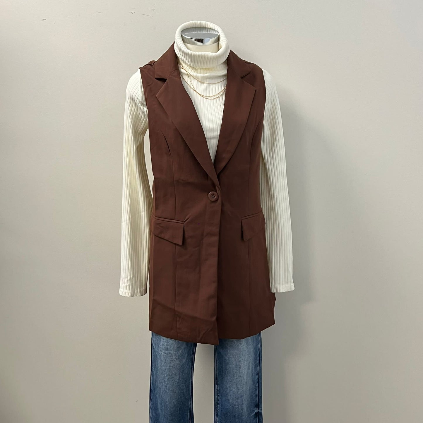 Jewel Sleeveless Blazer Vest PL-Brown