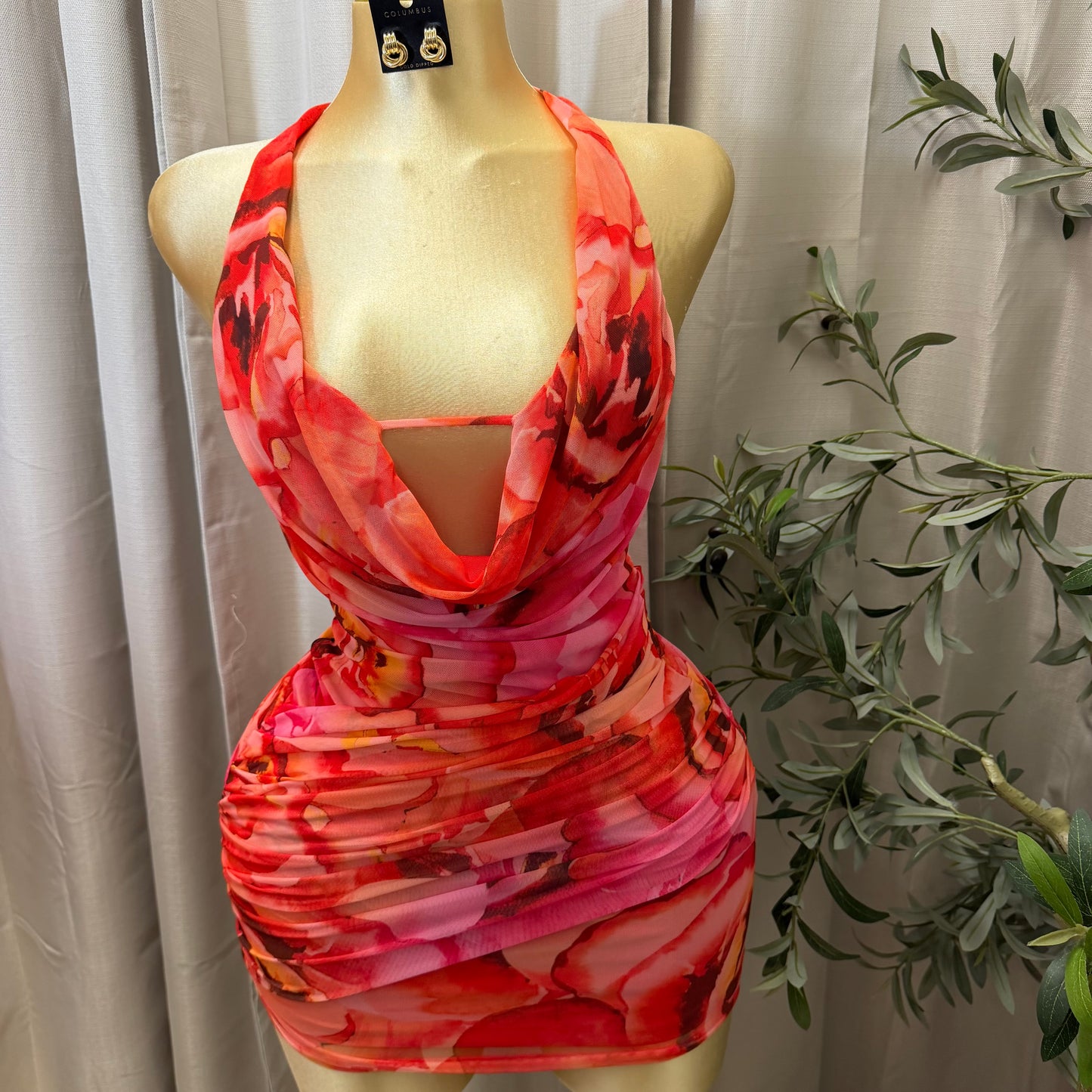 Floral Mesh Mini Dress-Red