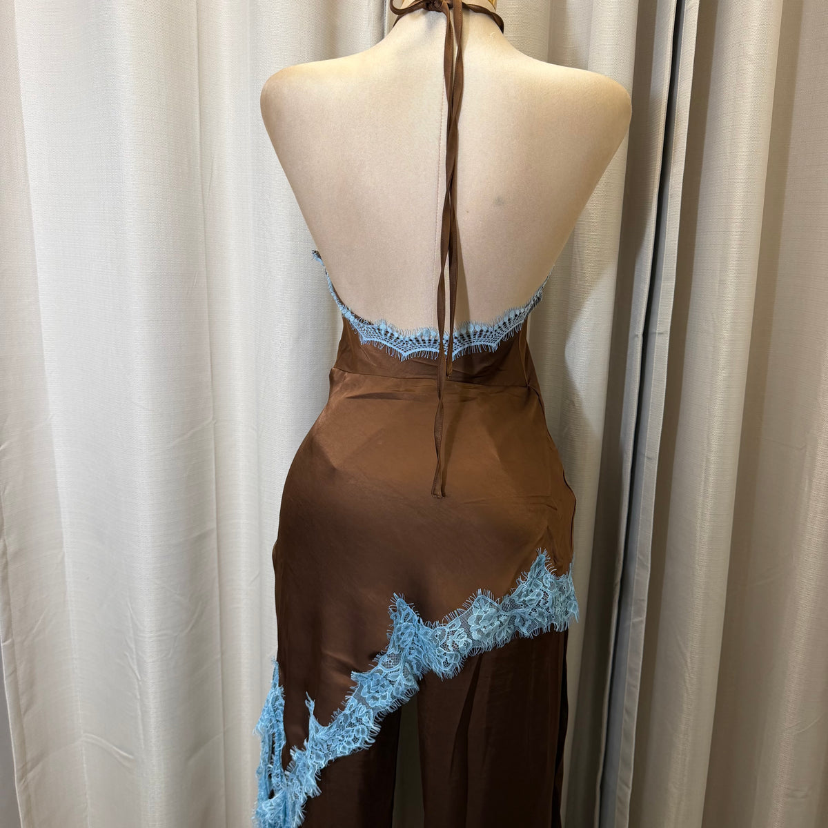 Contrast Lace Trim Satin Halter Jumpsuit-Brown/Blue