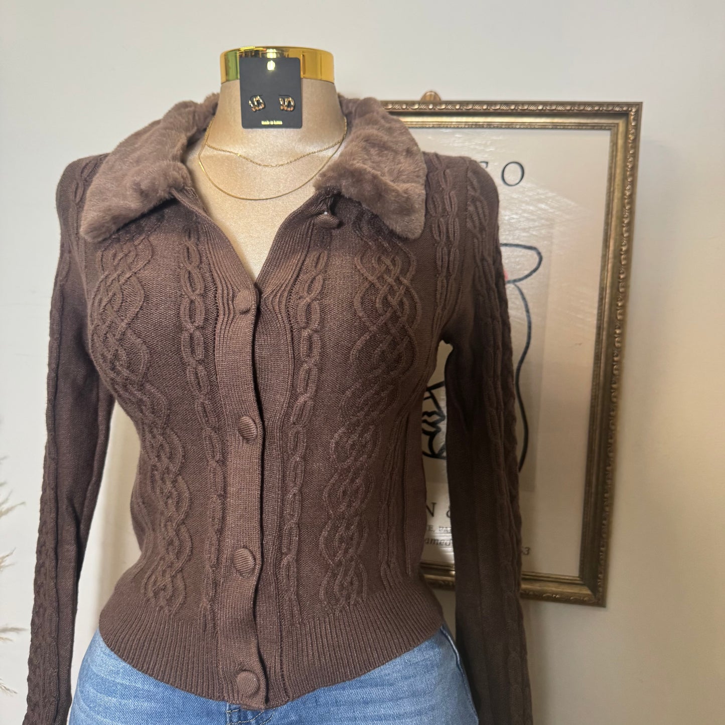 Crew Neck Viscose Rib Sweater-Brown