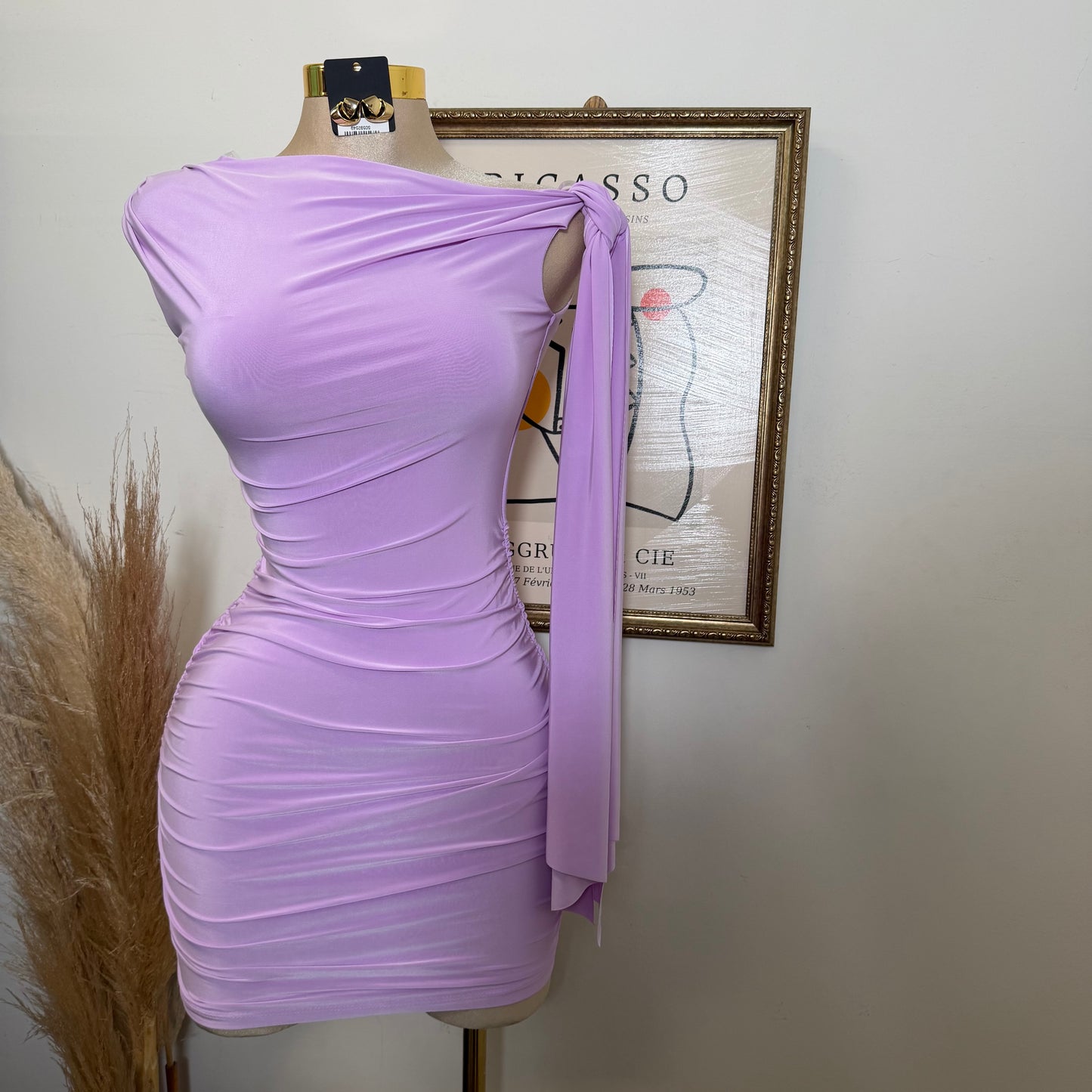 Off Shoulder Ruched Side Tie Mini Dress-Lavander