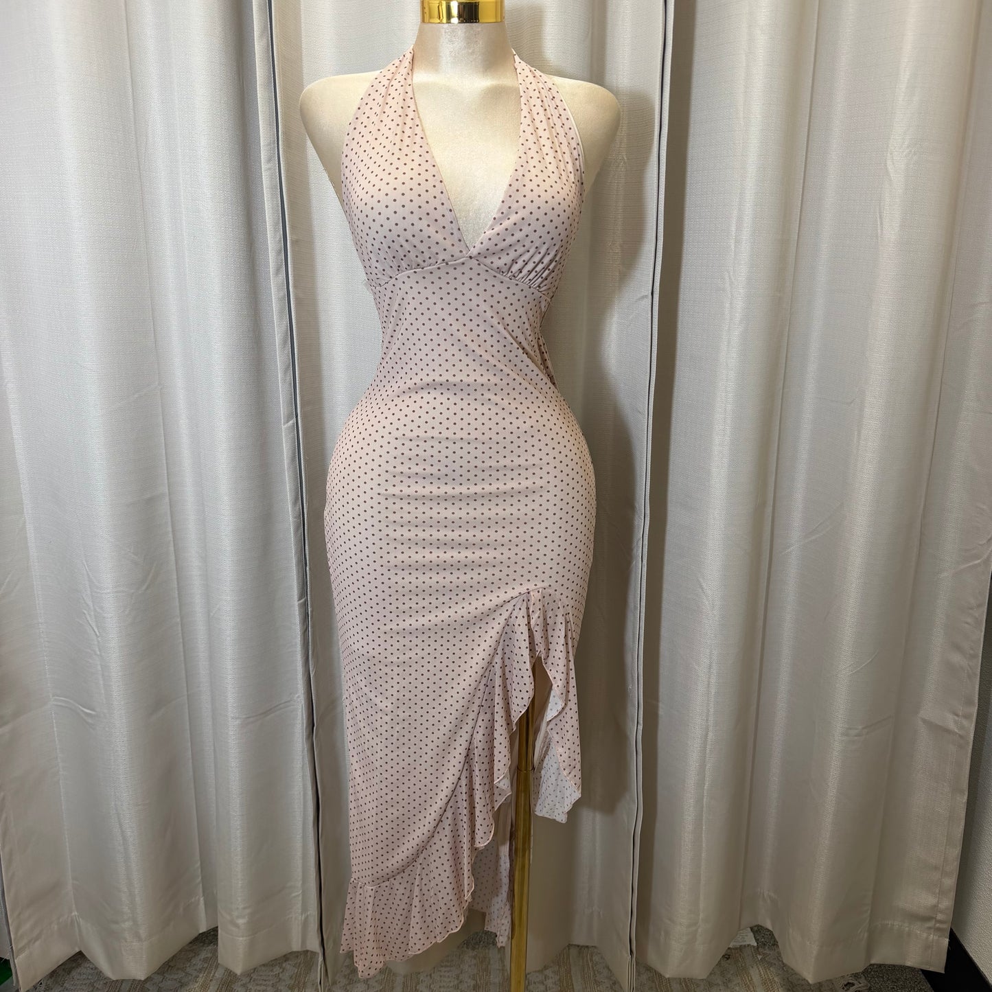Polka Dot Mesh Halter Maxi Dress-BEIGE