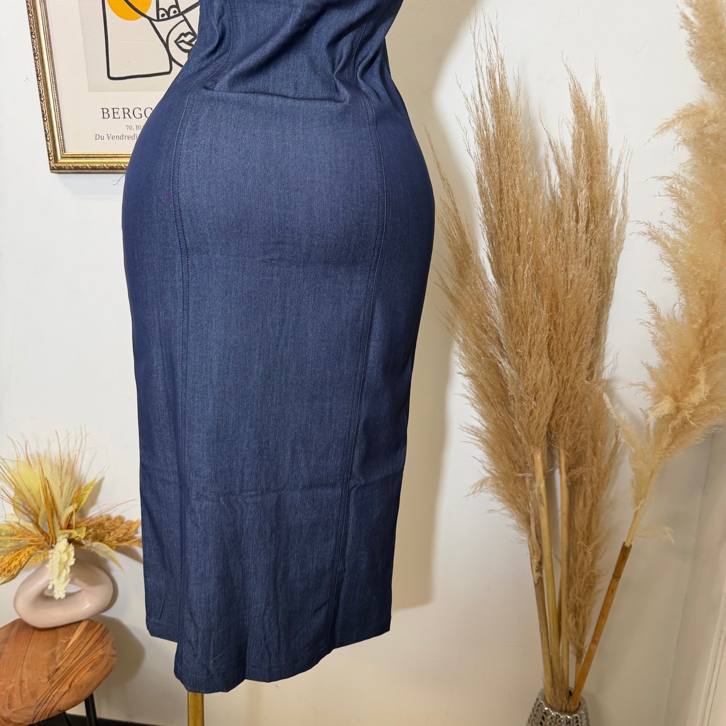 Button-Front Fitted Midi Dress-Indigo