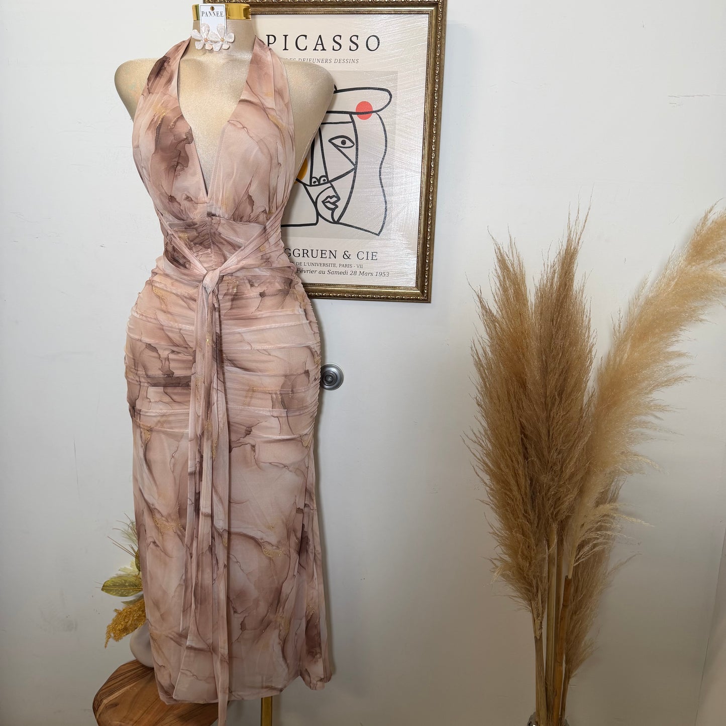 Metallic Mesh Print Maxi Dress with Front Sash-Cappuccino