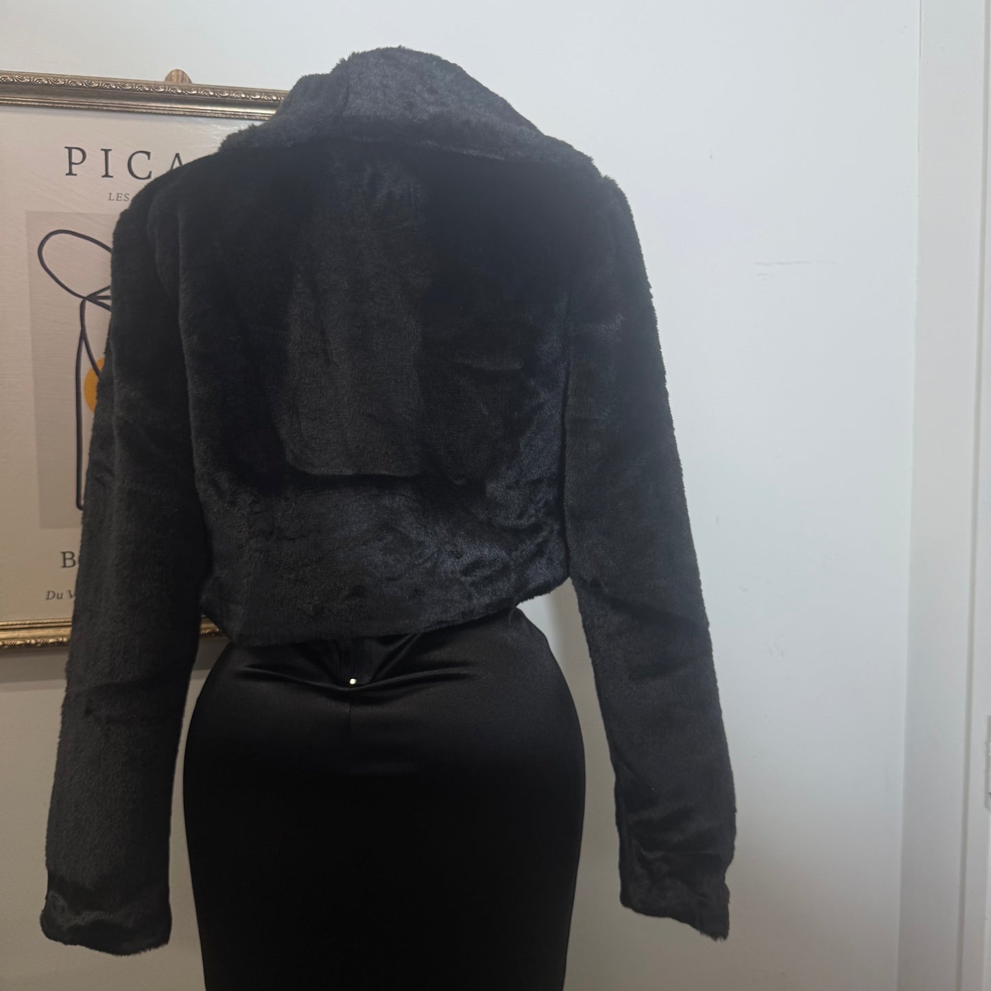 Fur Open Front Fuzzy Coat-Black