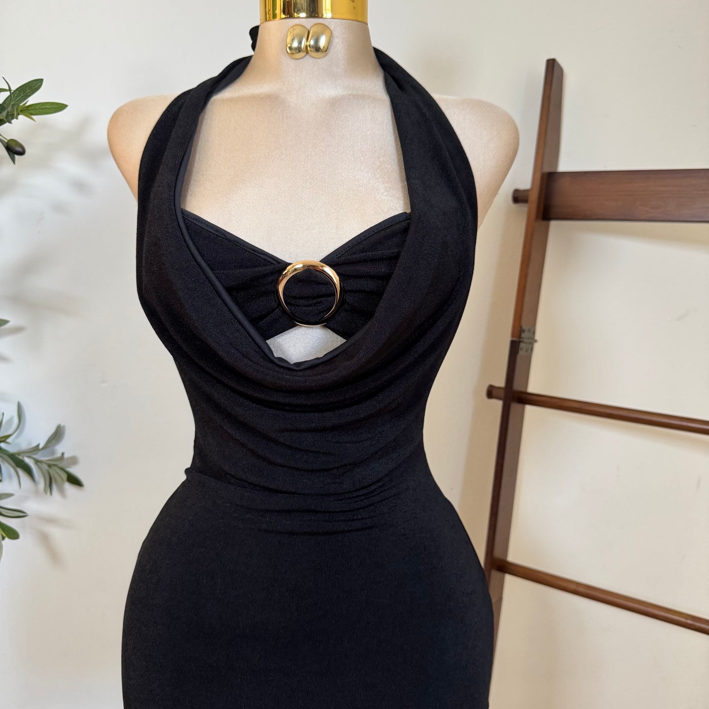 Cowl Halter Dress  -Black