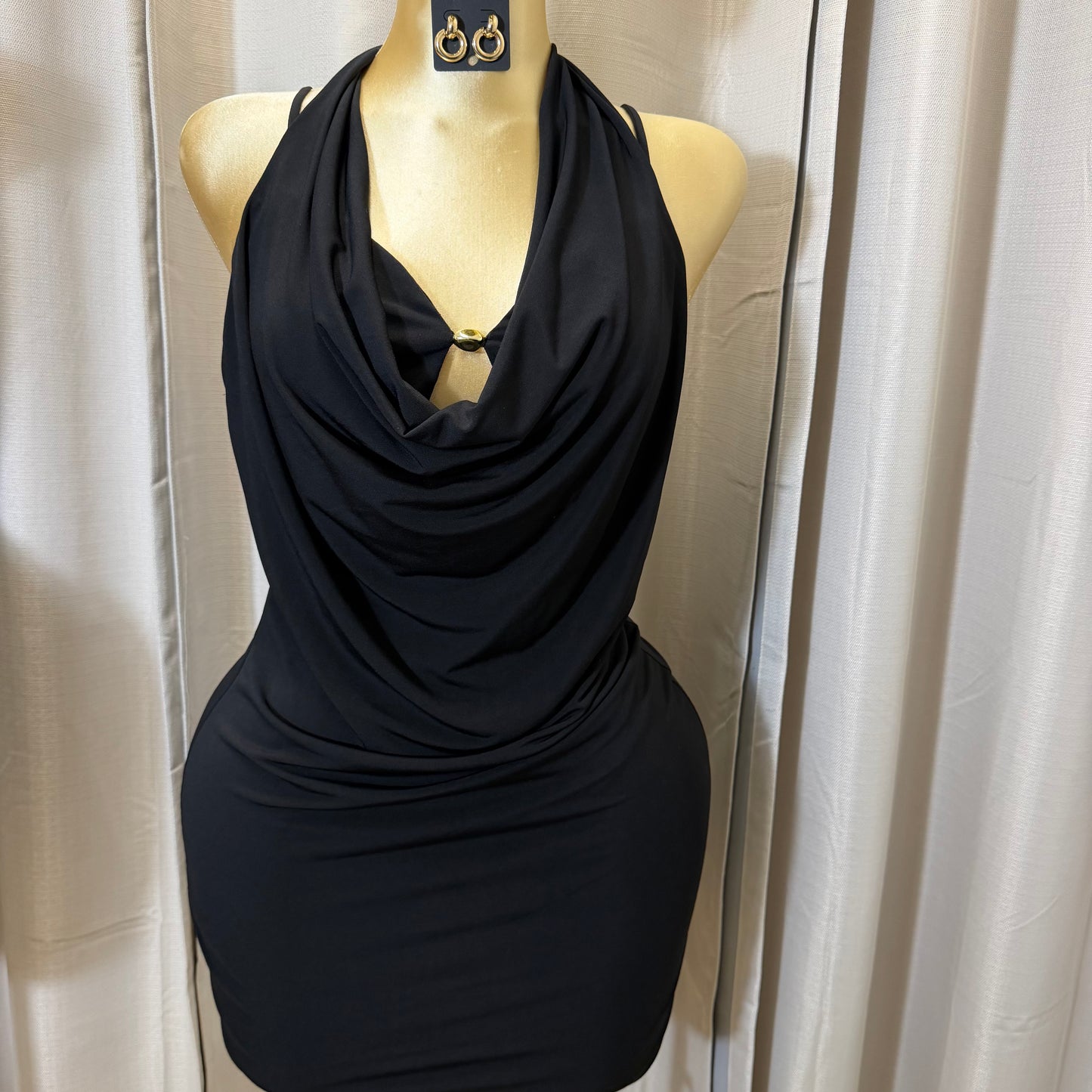 PL-Halter Cowl Neck Dress-Black