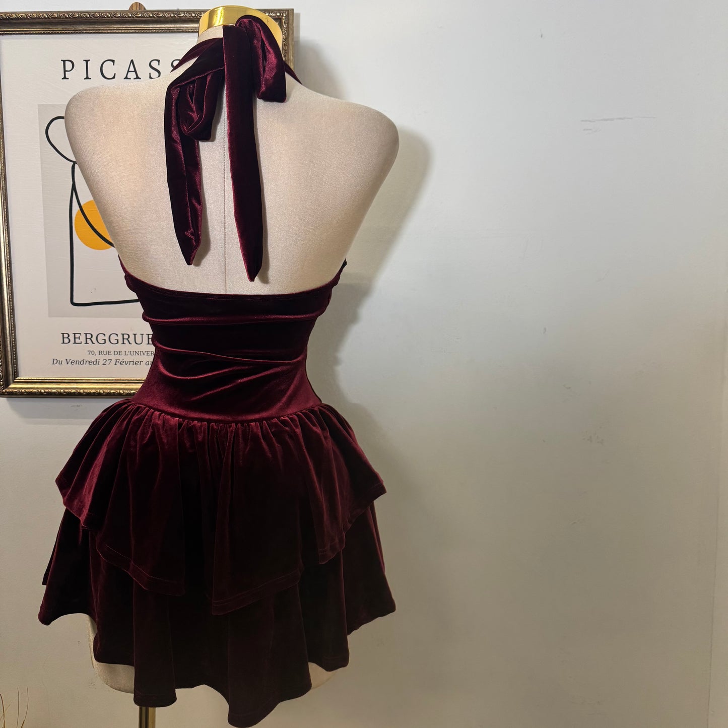 Velvet Halter Double Layer Fit and Flare Dress-Burgundy