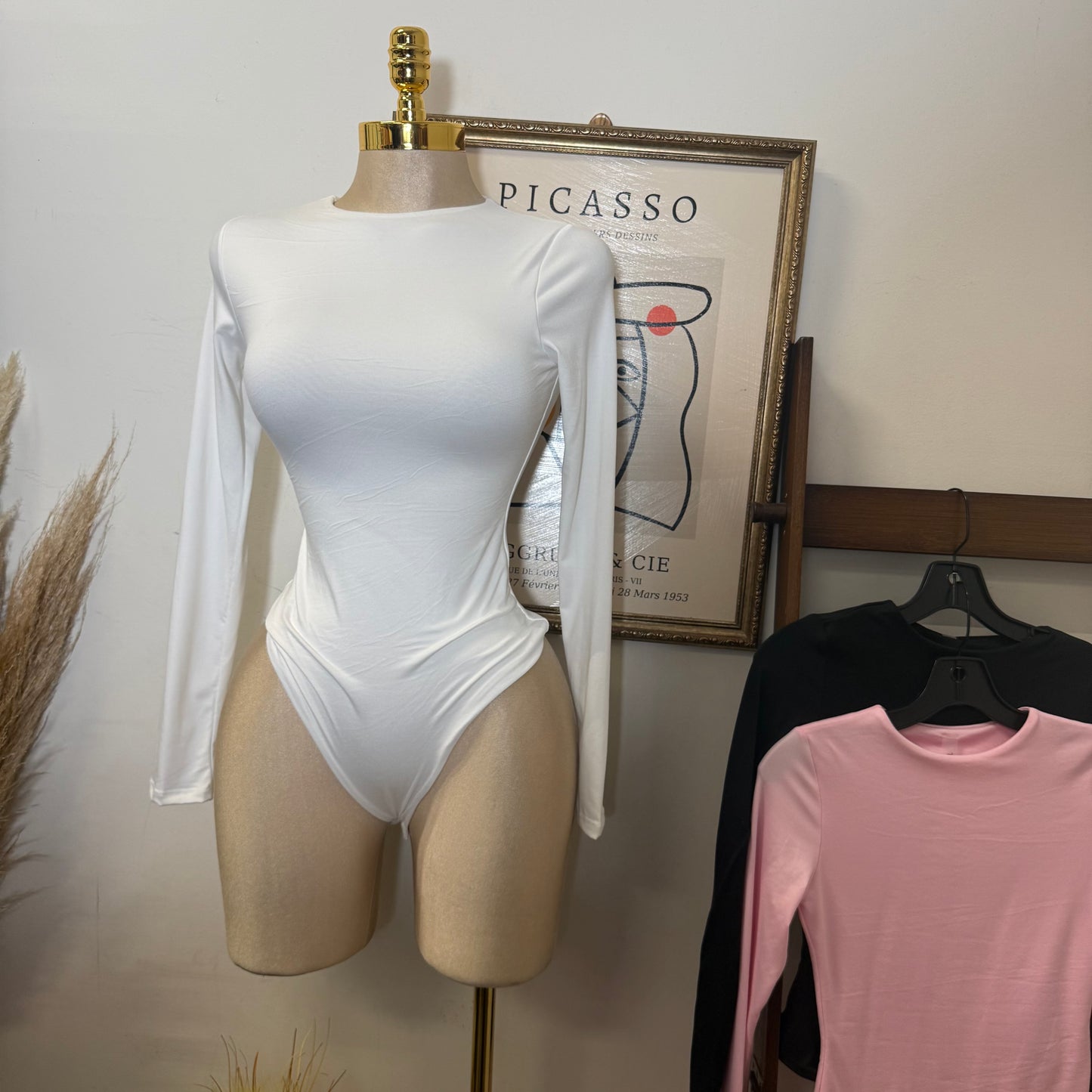 Long Sleeve Crew Neck Thong Bodysuit-White