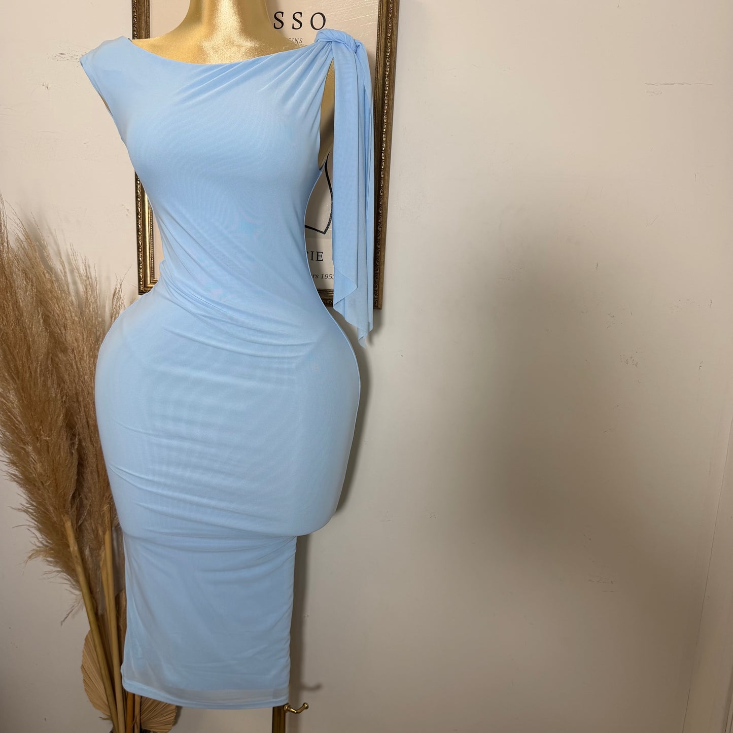 One shoulder Tie Midi Dress-Light  Blue