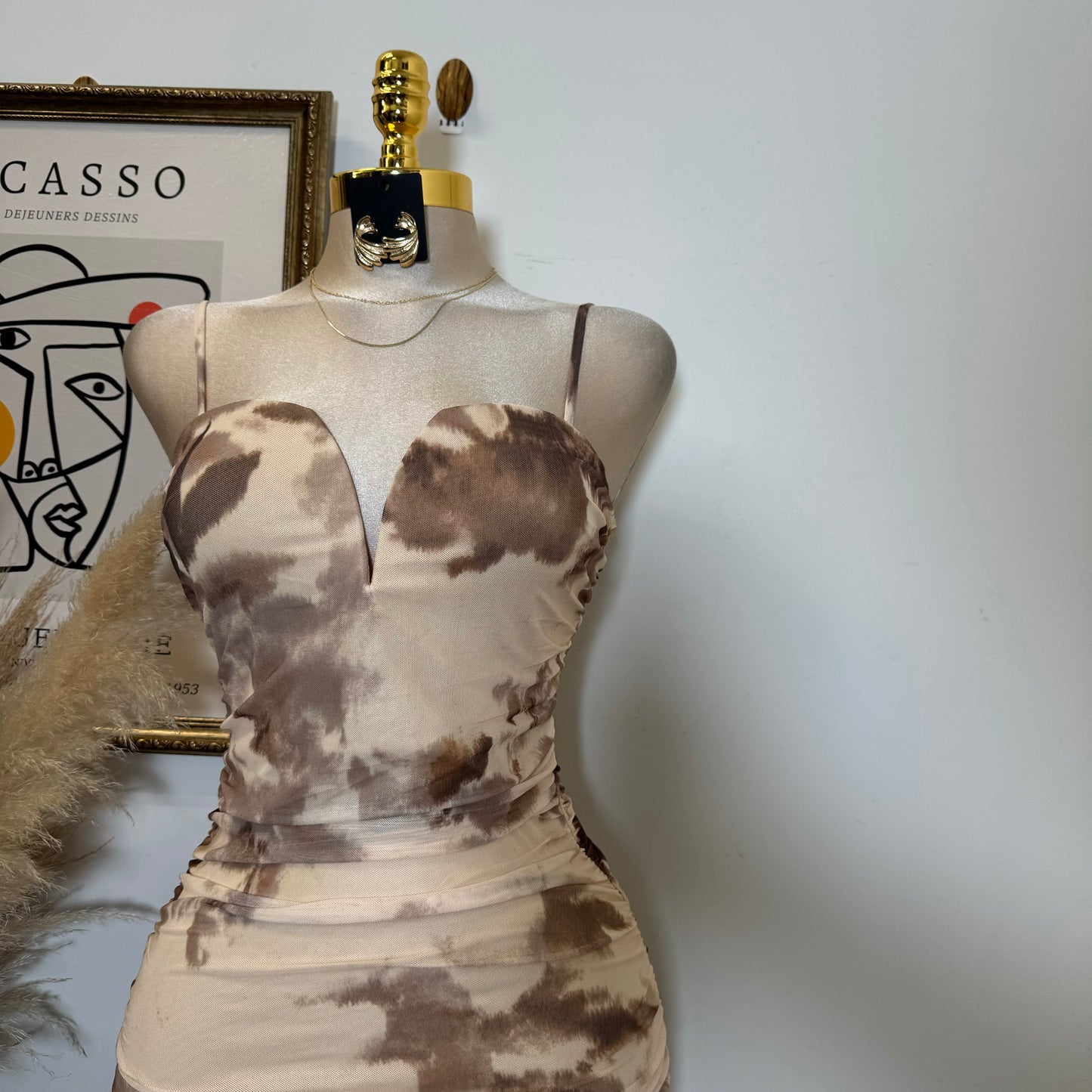 Mesh Print Midi Dress-Brown
