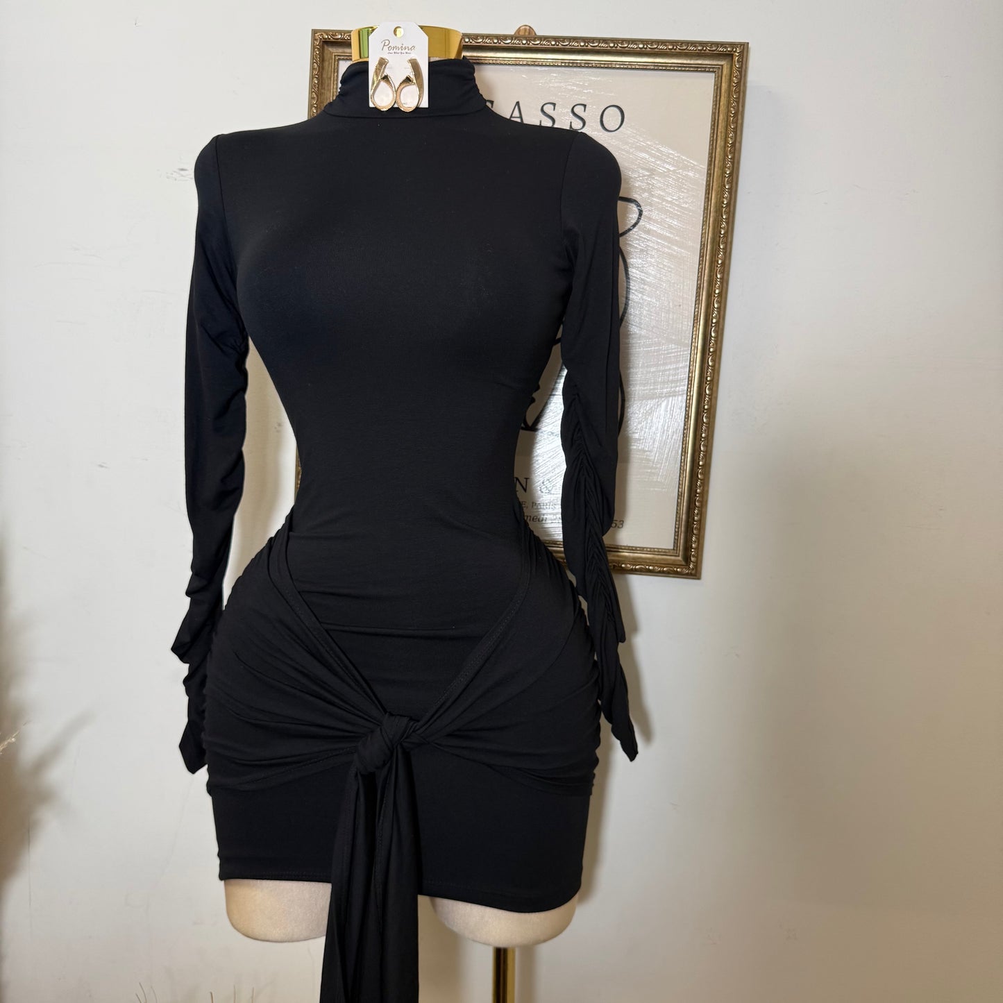 Long Sleeve Front Tie Mini Dress-black