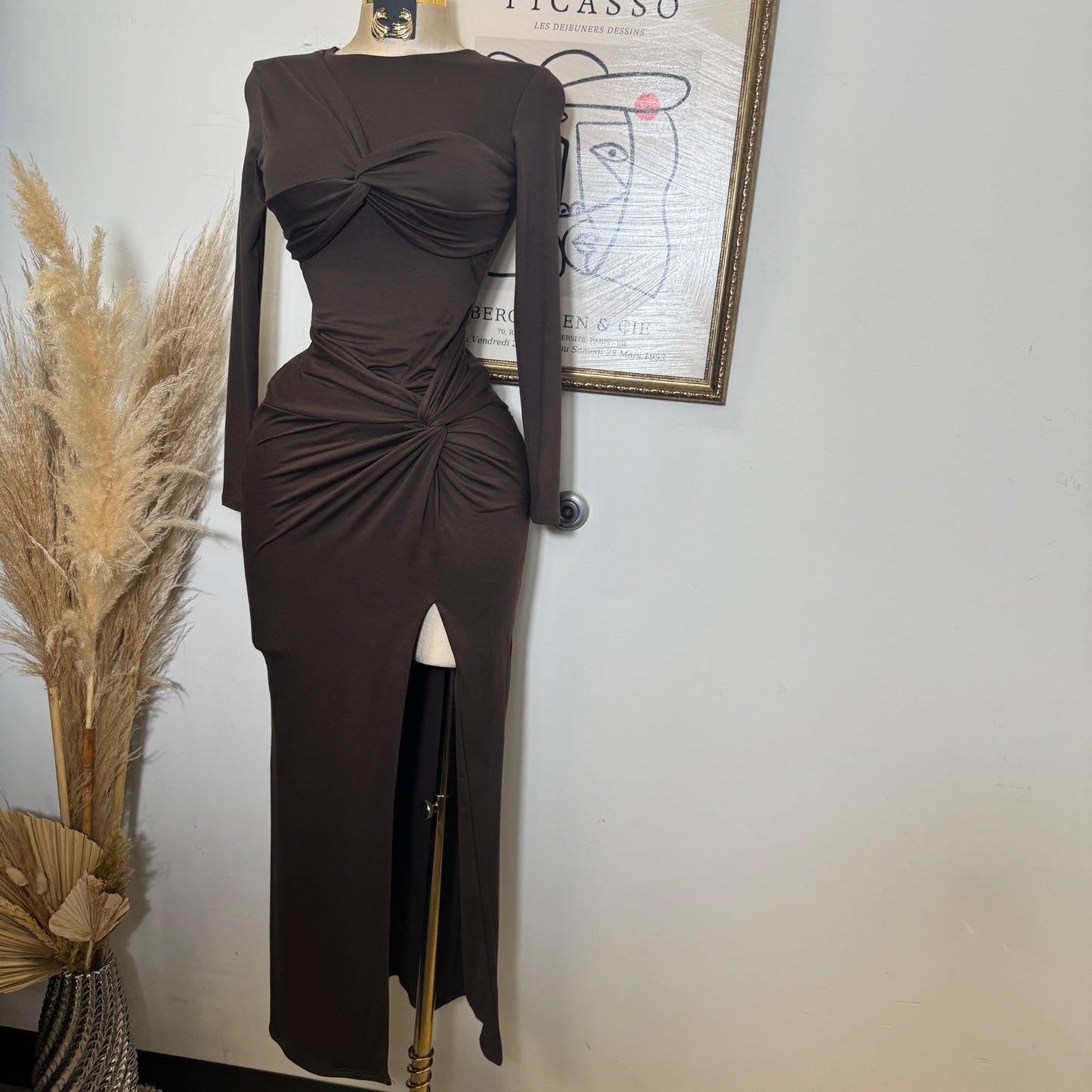 Long sleeve Soft Material Dress-Brown