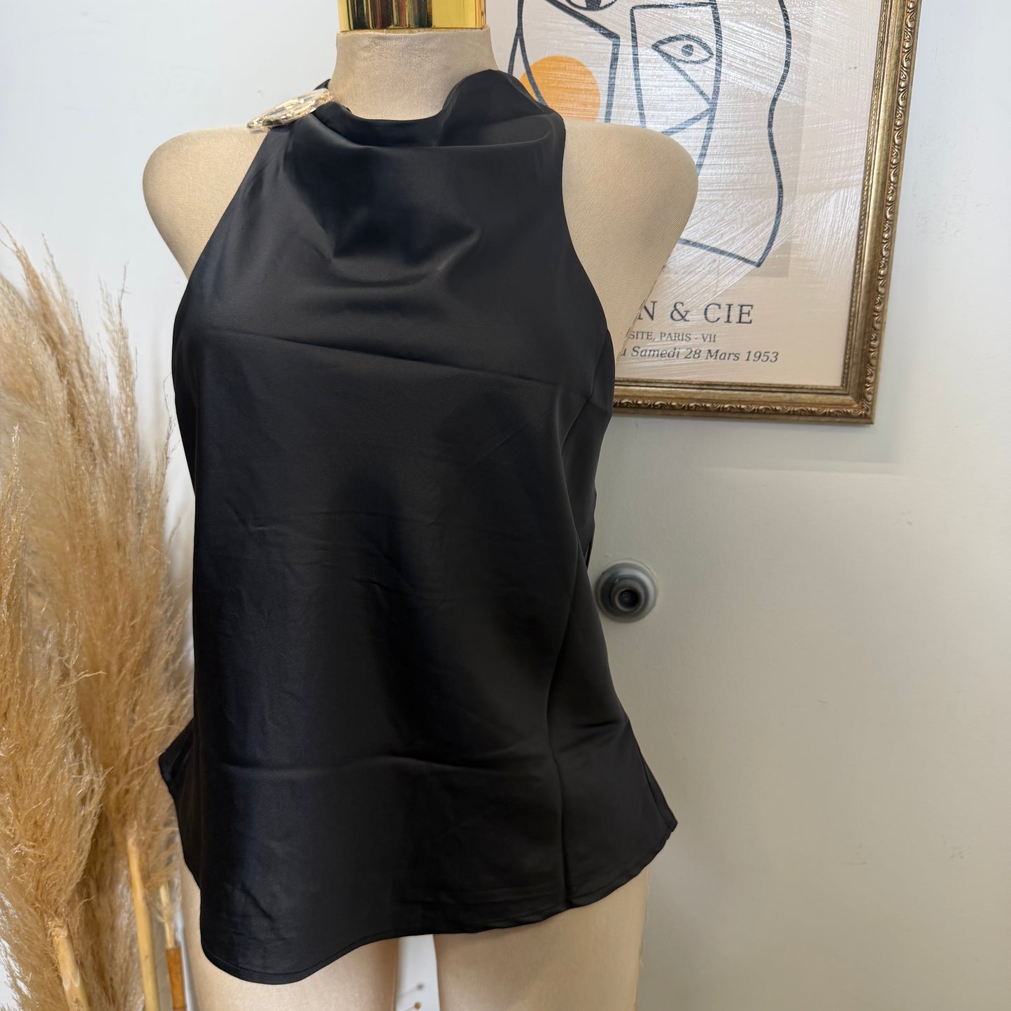 Halter Neck Satin Blouse-Black
