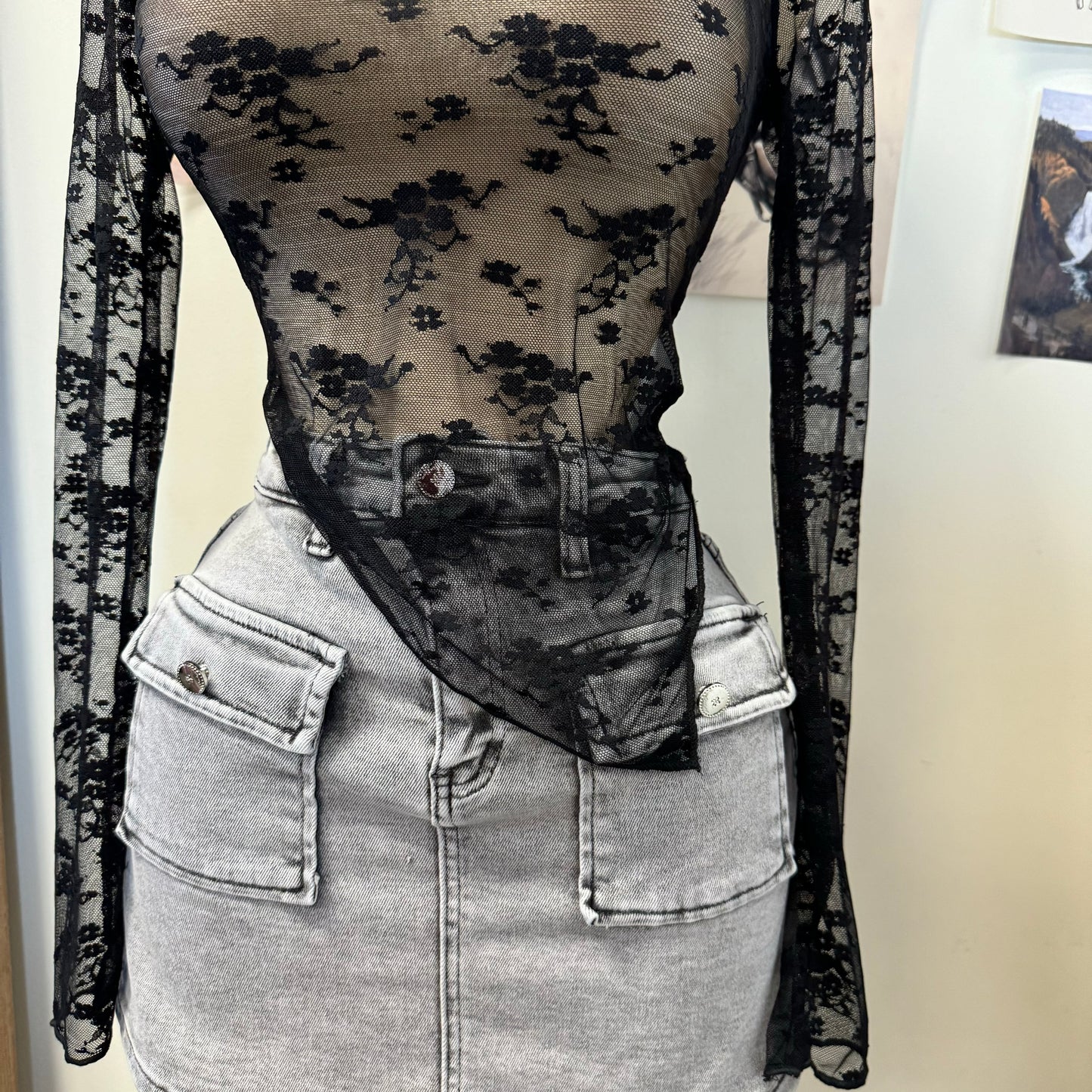 Lace Asymmetric Top-Black