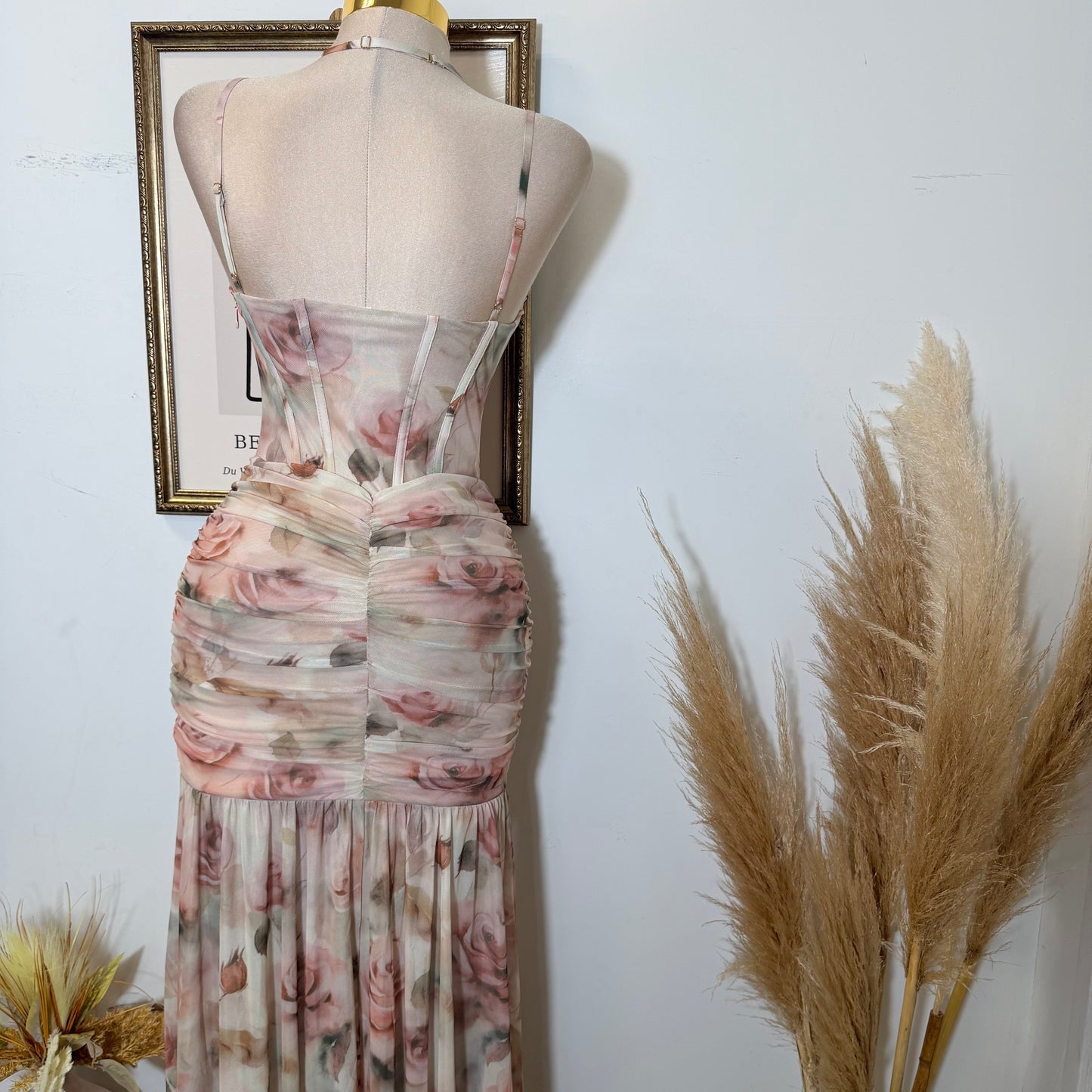 Ruched Asymmetric Corset Gown in Floral Mesh Print-Peachy /Nude