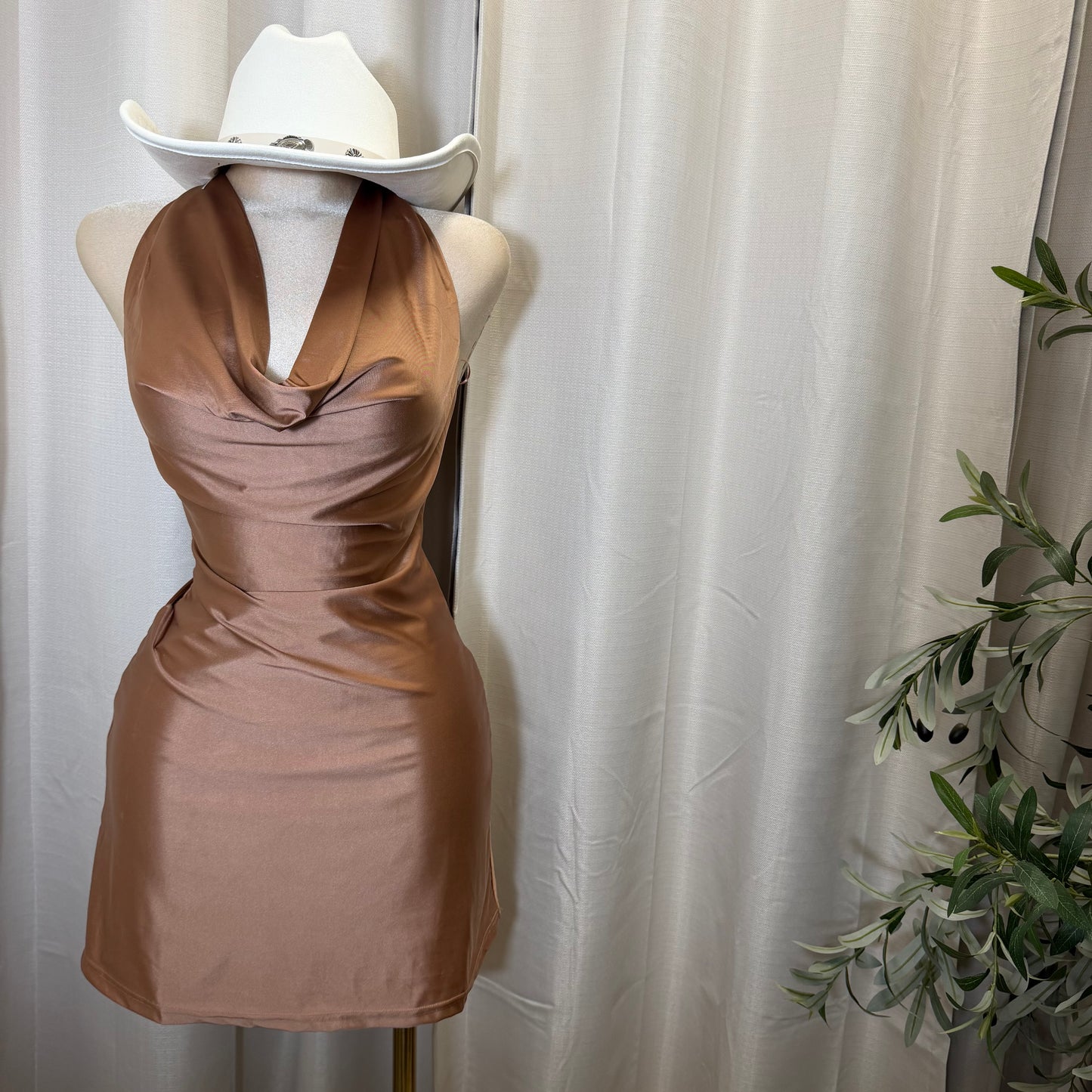 Satin Halter Dress-Brown
