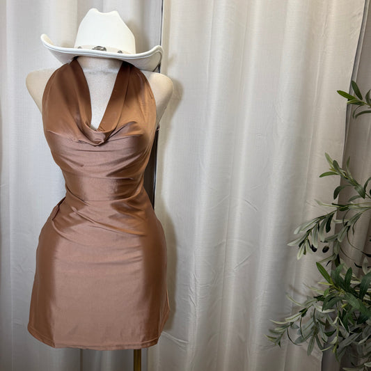 Satin Halter Dress-Brown