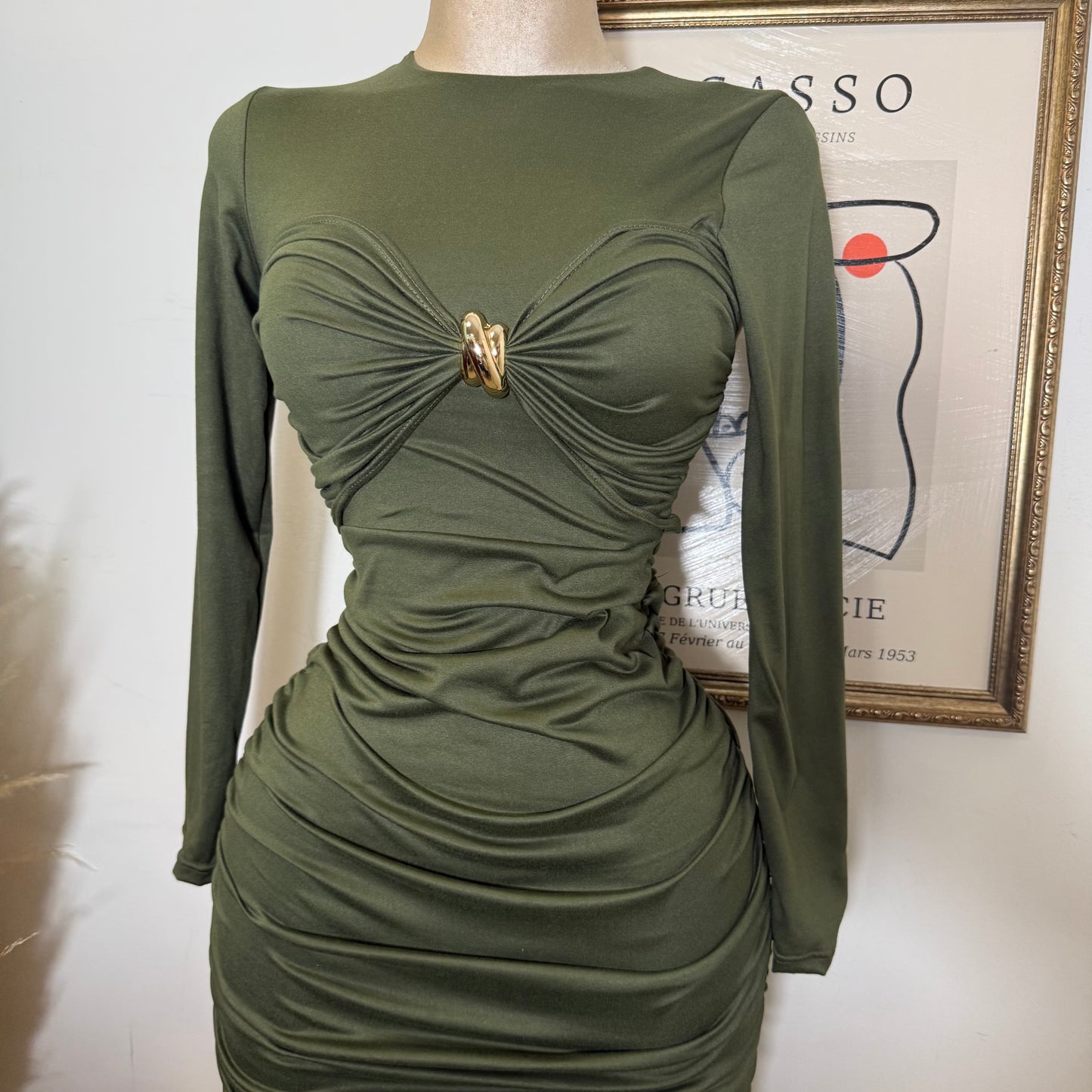 Long Sleeve Double Layered Midi Dress-Olive