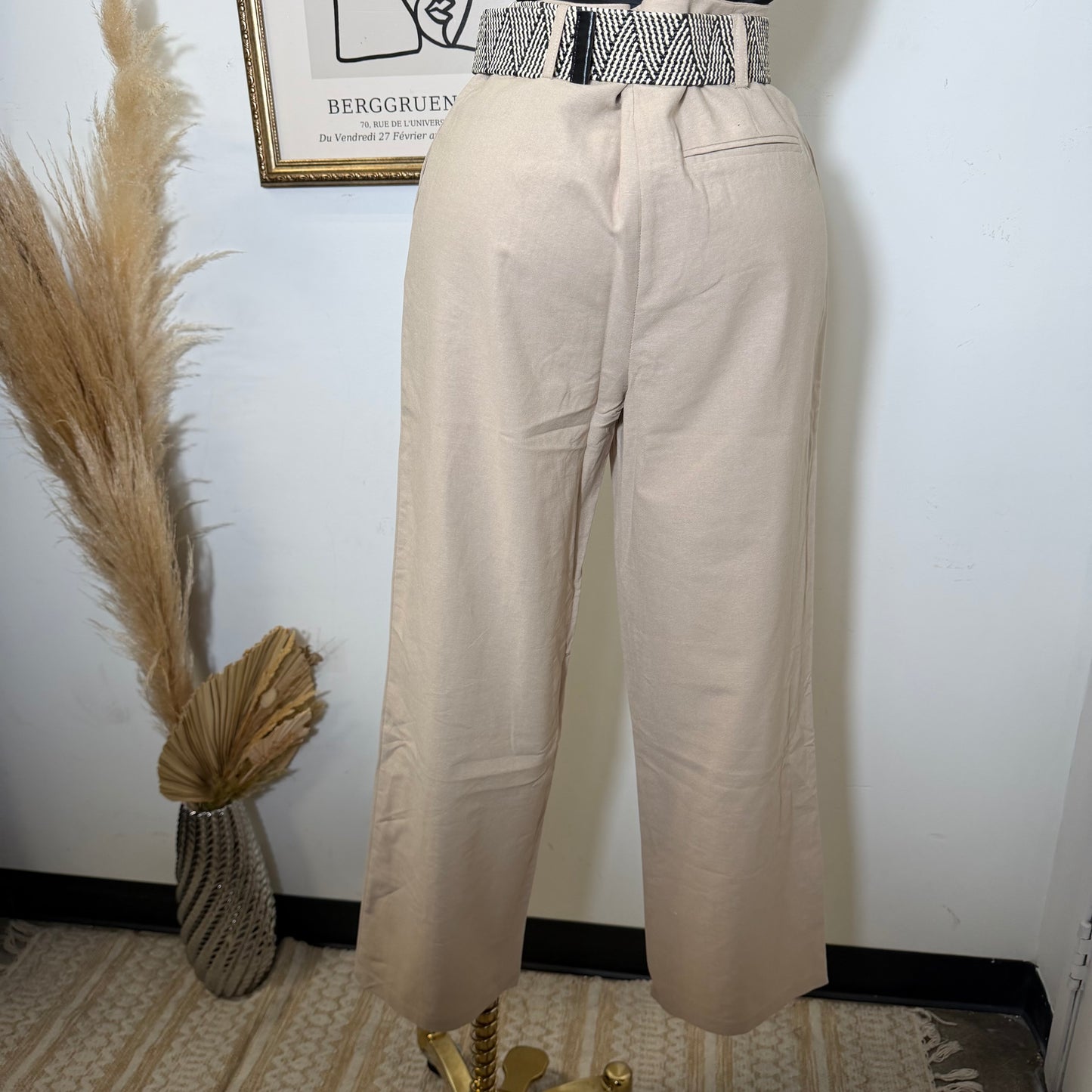 Linen Tribal Pattern Belt Wide Leg Pants-Khaki