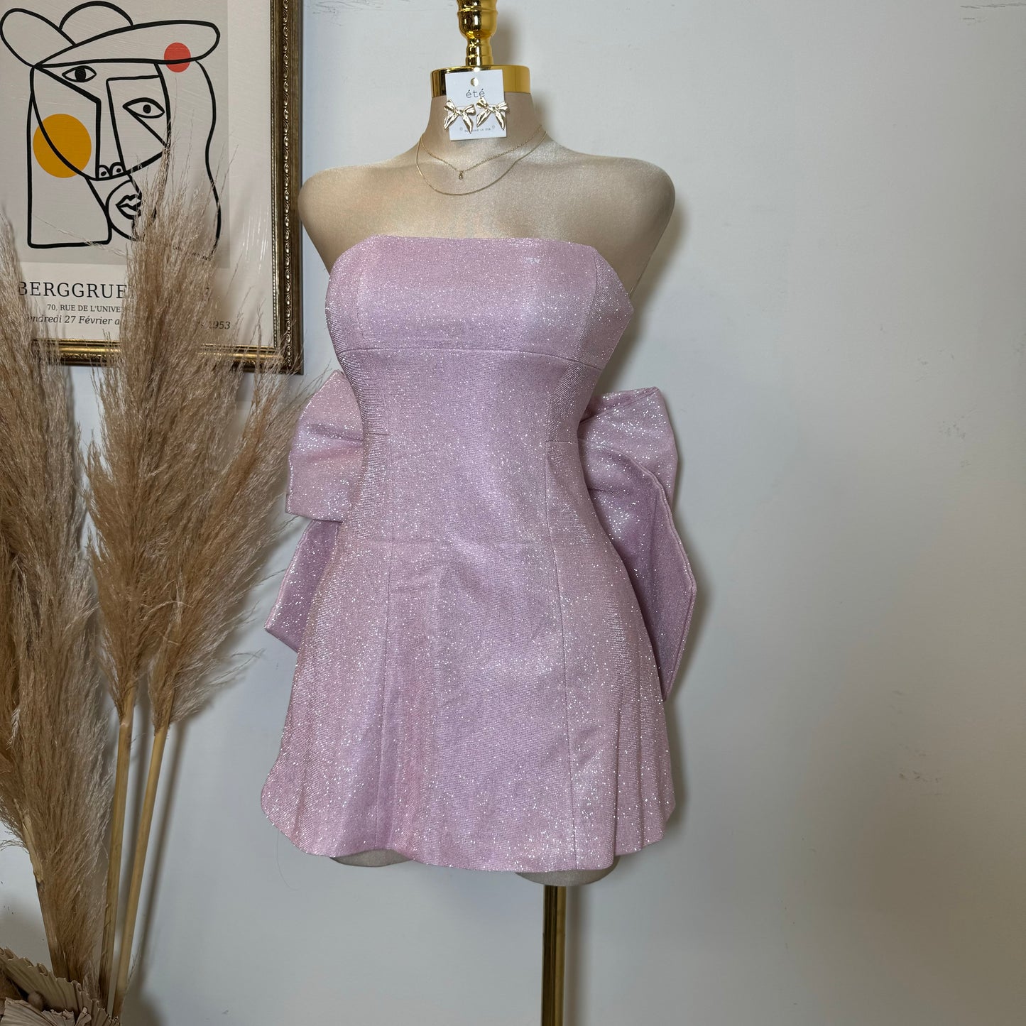 Coqueta Glitter Bow Mini Dress-Pink