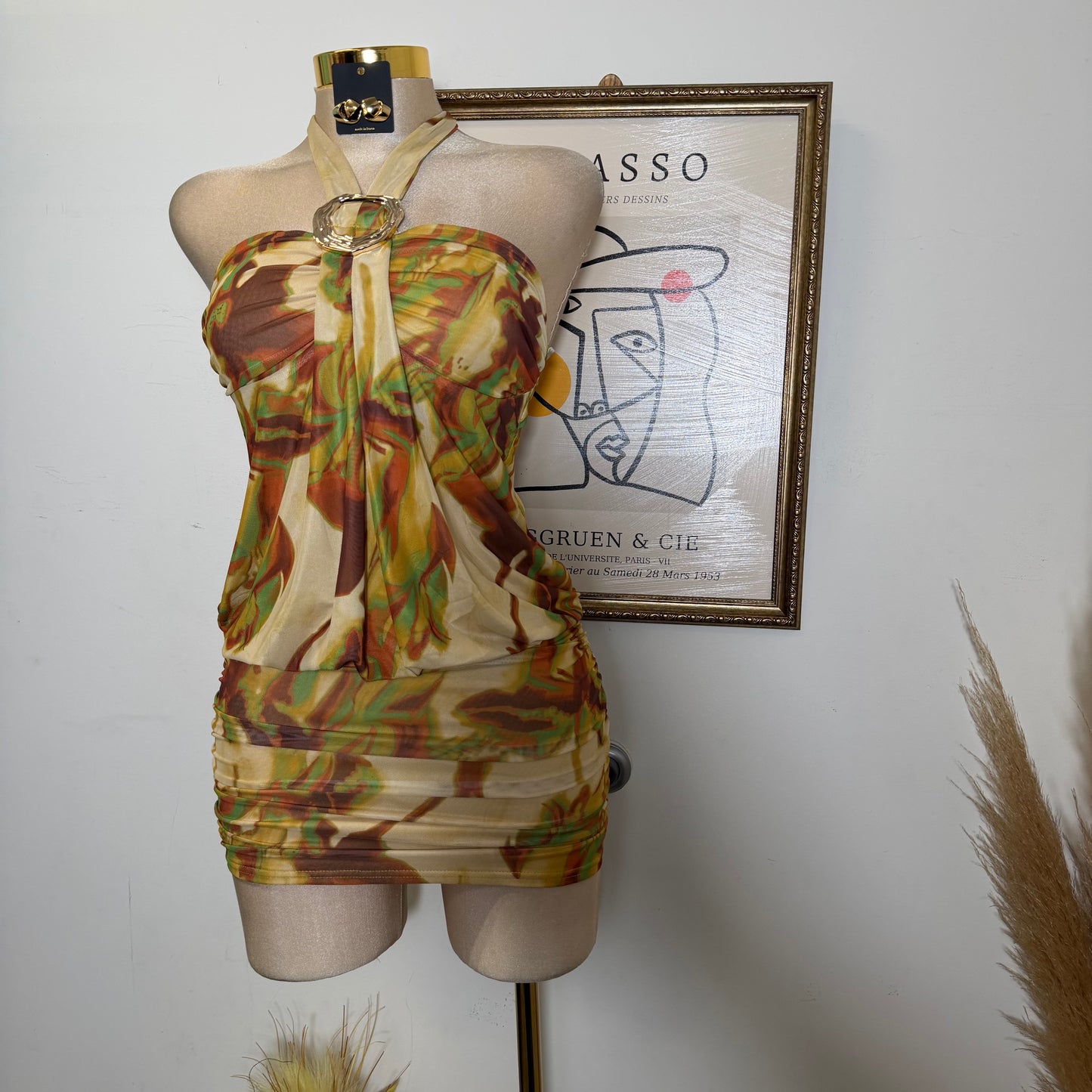 Multi Color Mesh with Metal Trim Mini dress-Yellow