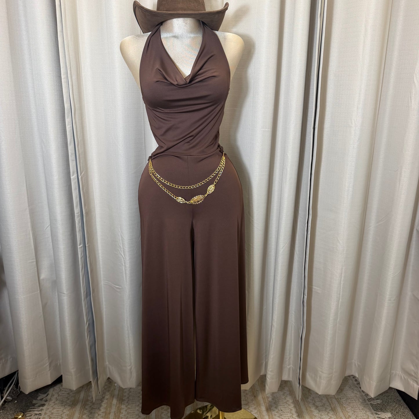 Cowl halter Neck Flare Jumpsuit-Brown