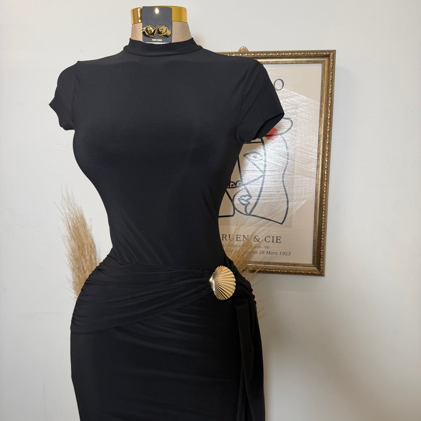 Shelf Gold Trim with Sash Detail Midi Dress-Black