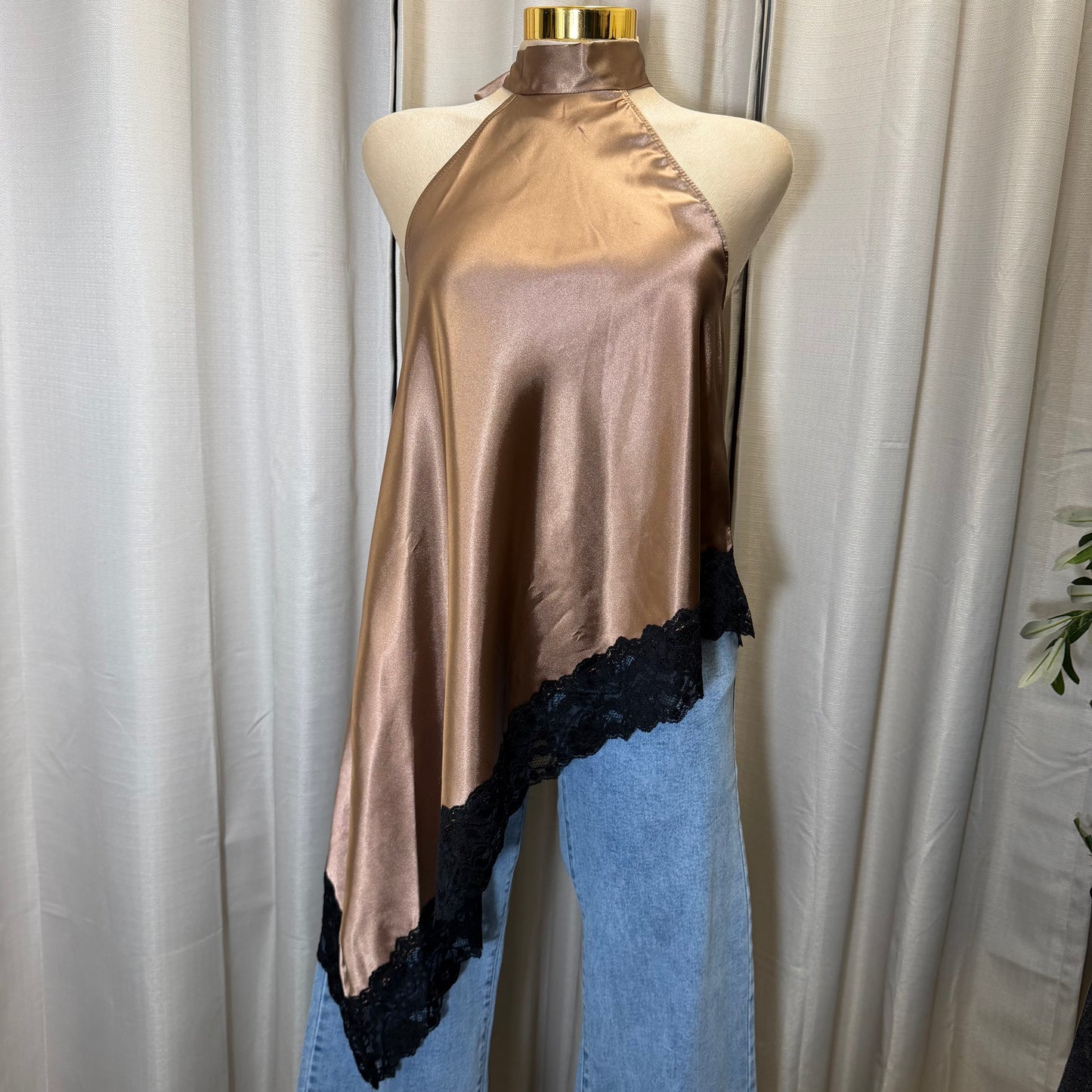 Satin Lace Asymmetrical Top-Brown with Black