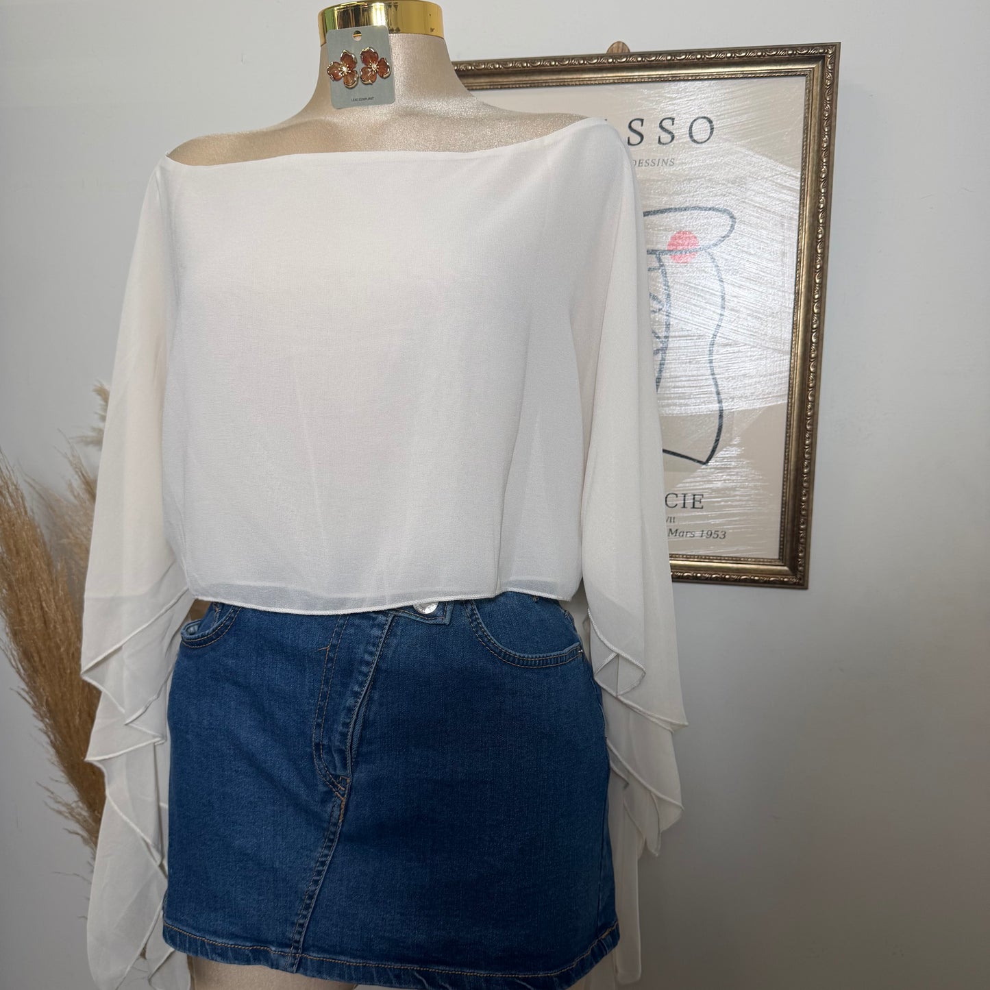 Sheer One-Shoulder Drape Crop Top-Cream